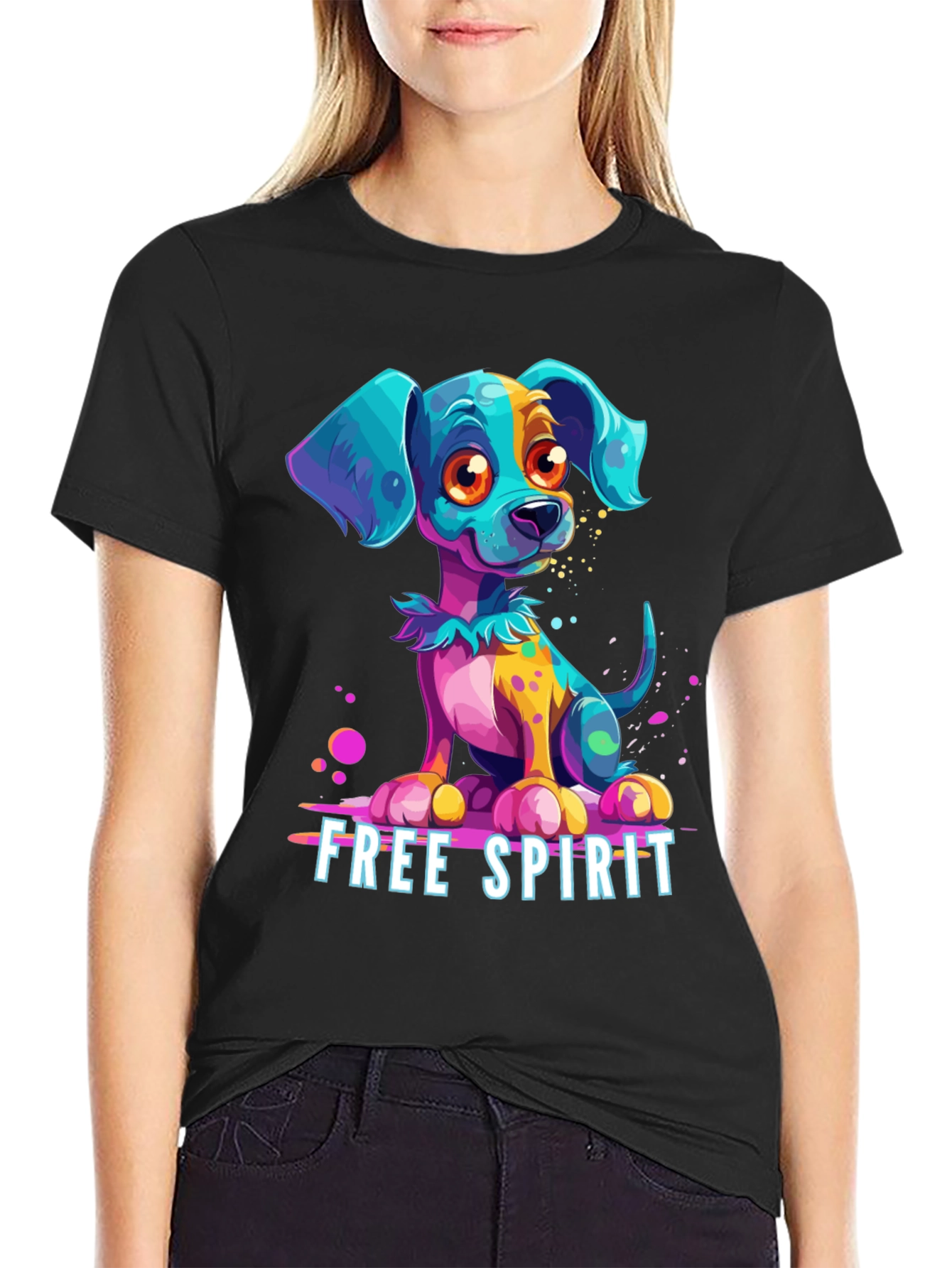 Black Free Spirit Dog Graphic Tee - Unique Colorful Puppy Design view 2