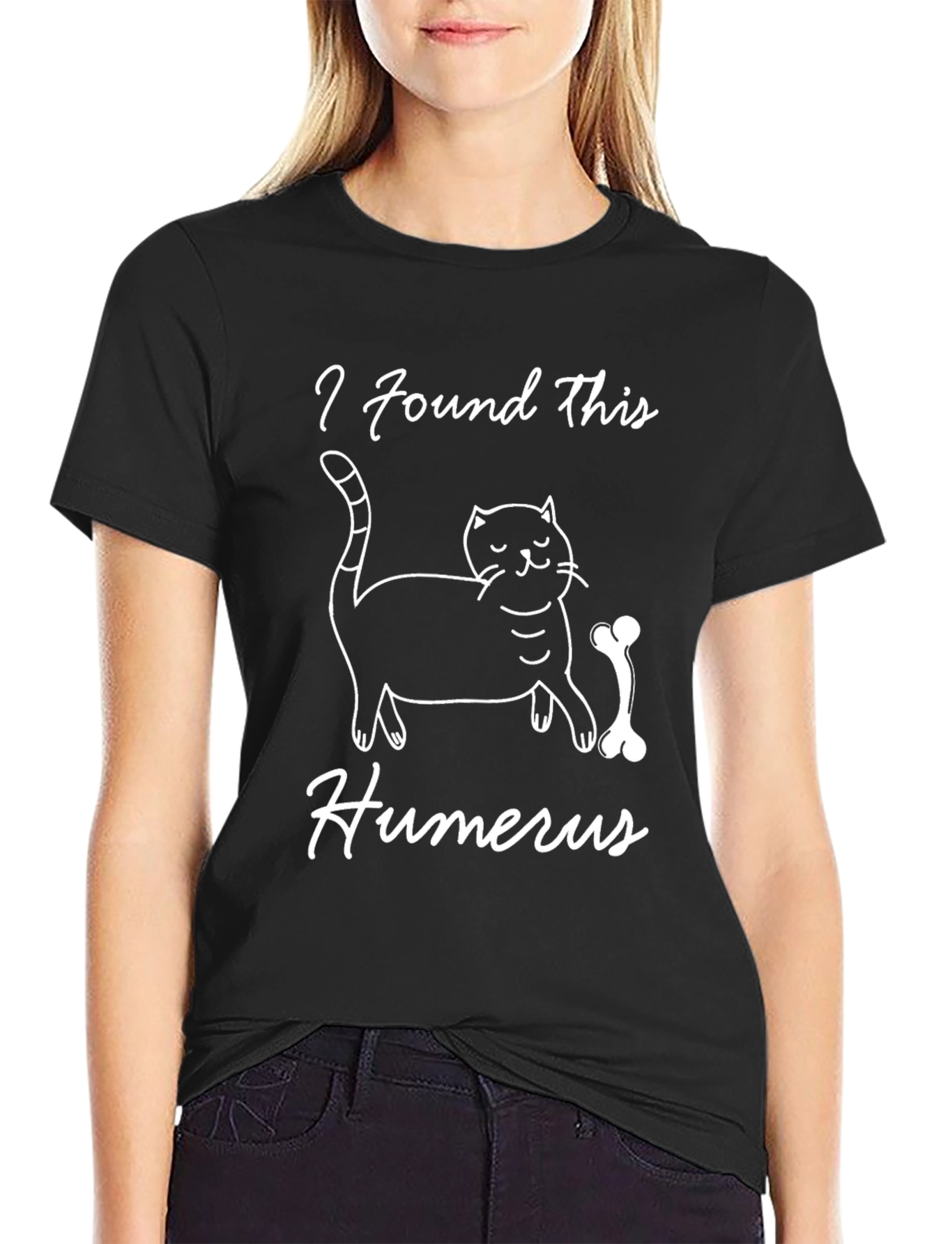 Black Funny Cat & Bone Humor T-Shirt view 2