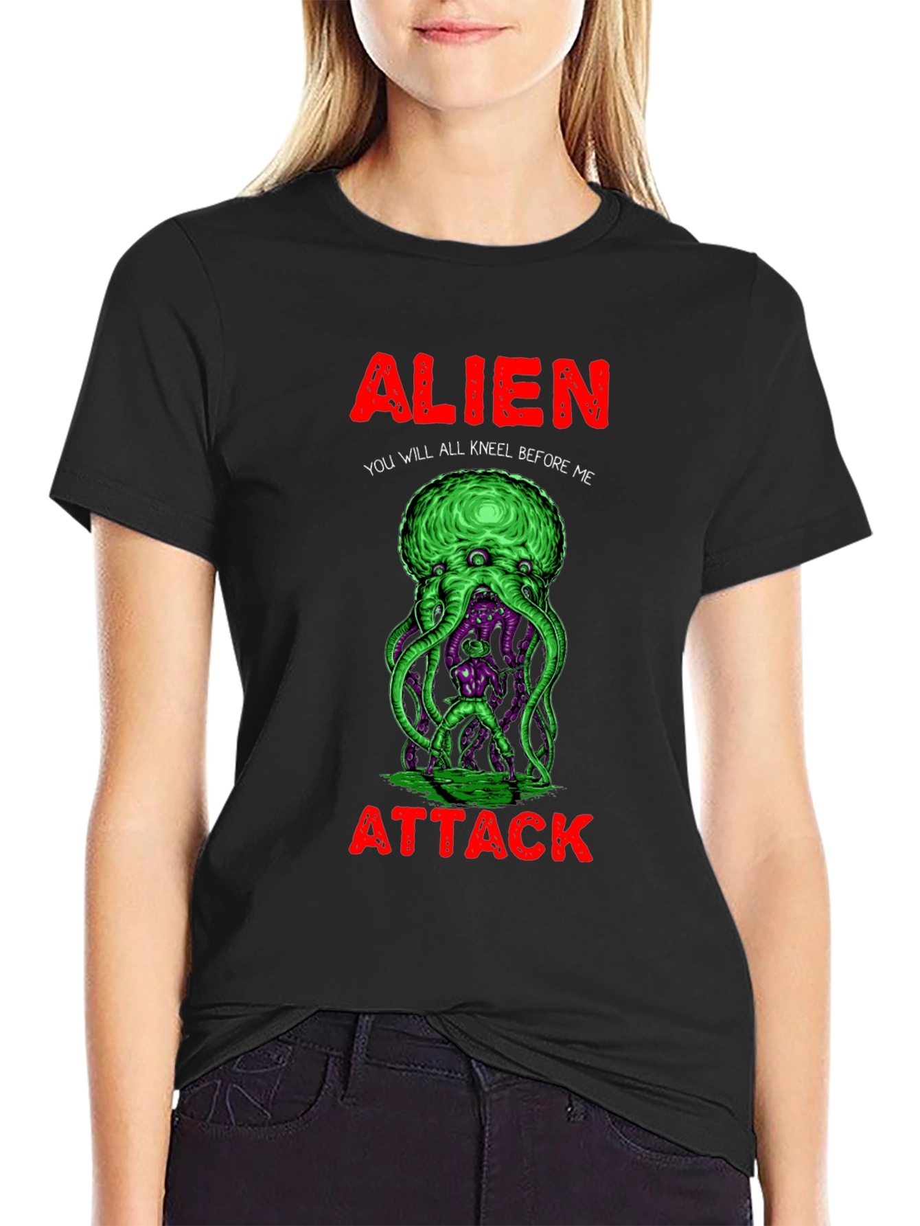 Black Alien Attack Graphic T-Shirt view 2