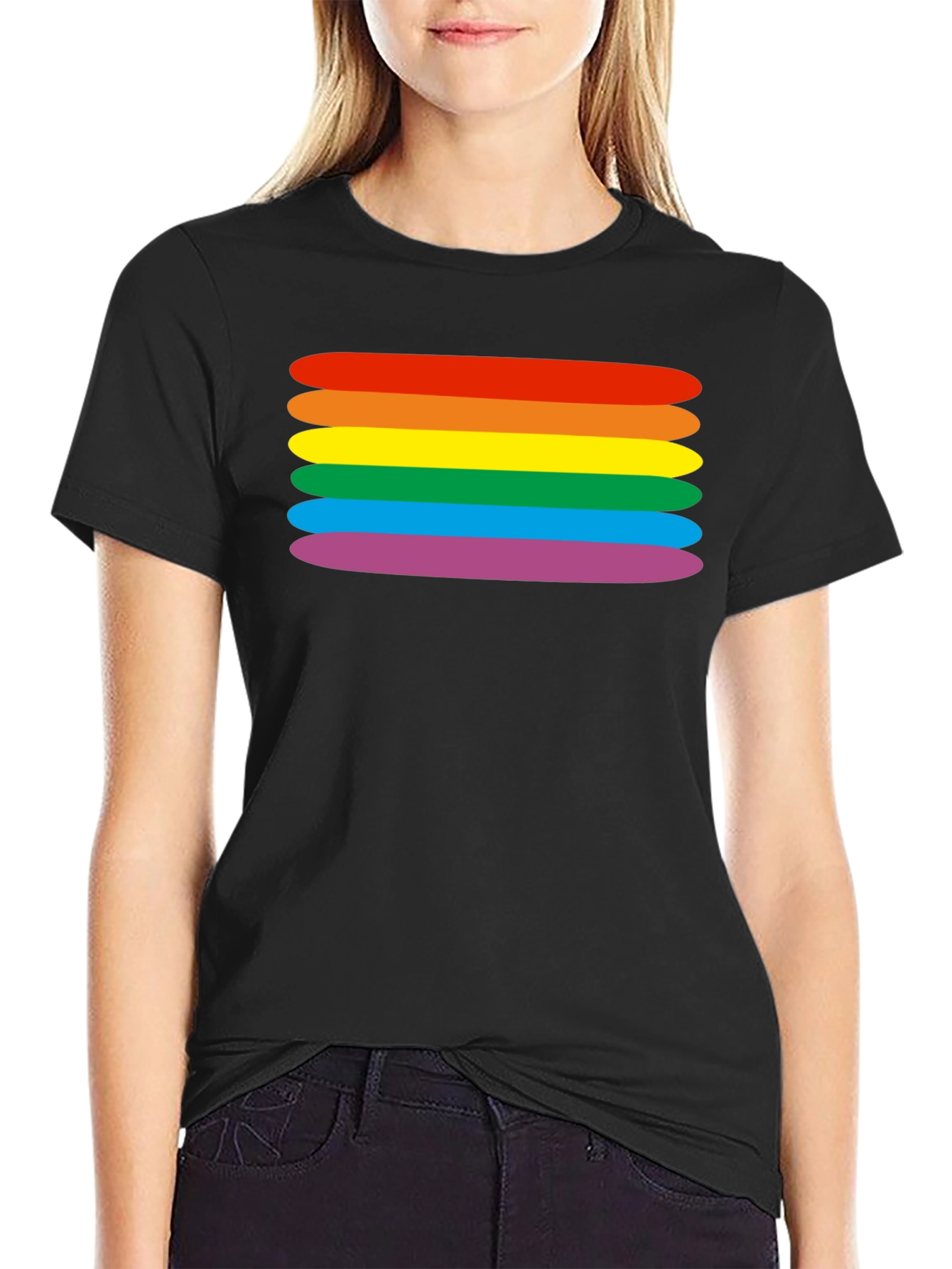 Black Rainbow Stripes Graphic Tee - Black Cotton Blend T-Shirt view 2