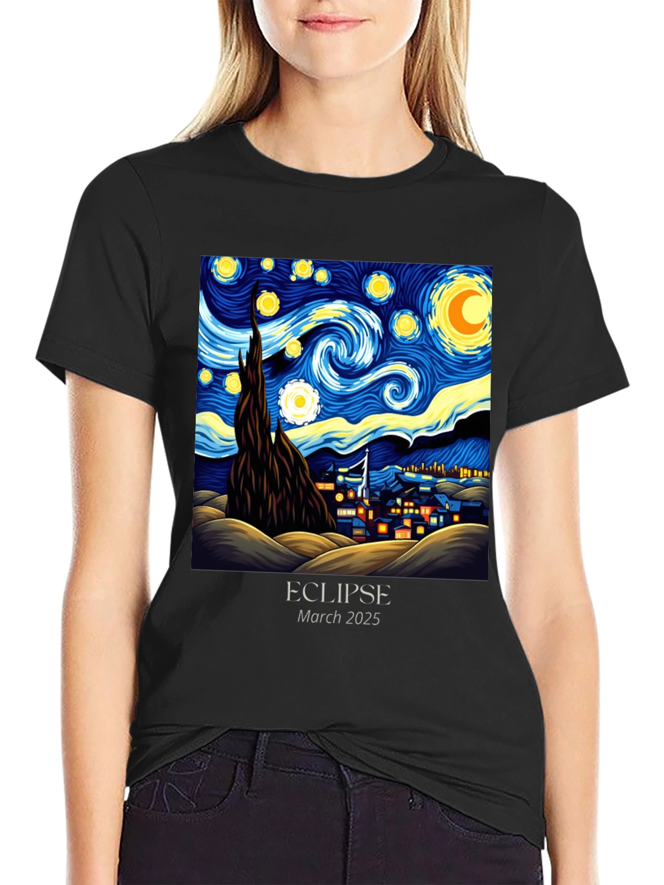 Black Starry Night Eclipse 2025 Graphic Tee view 2