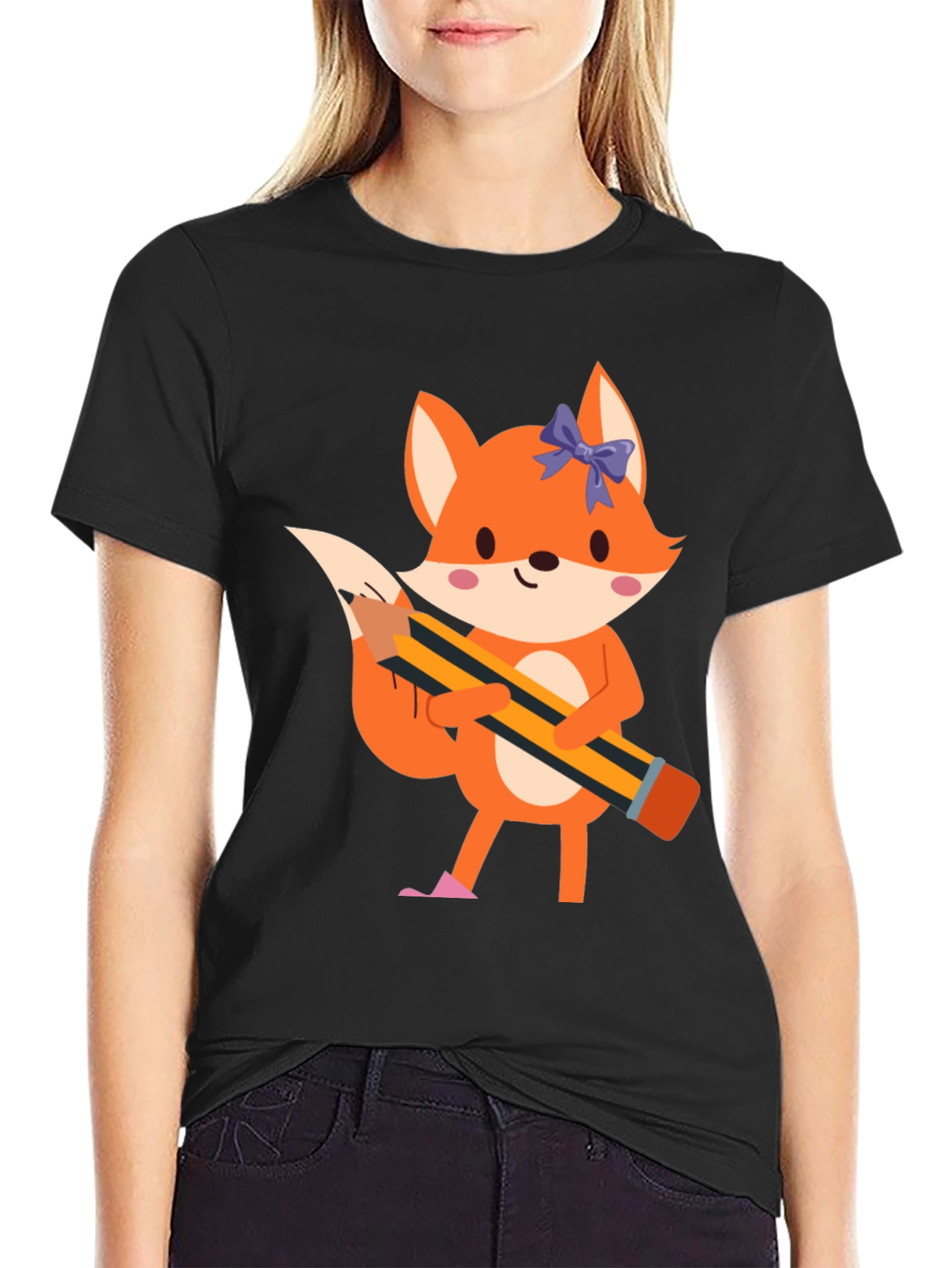 Black Fox with Pencil Graphic Tee - Black view 2