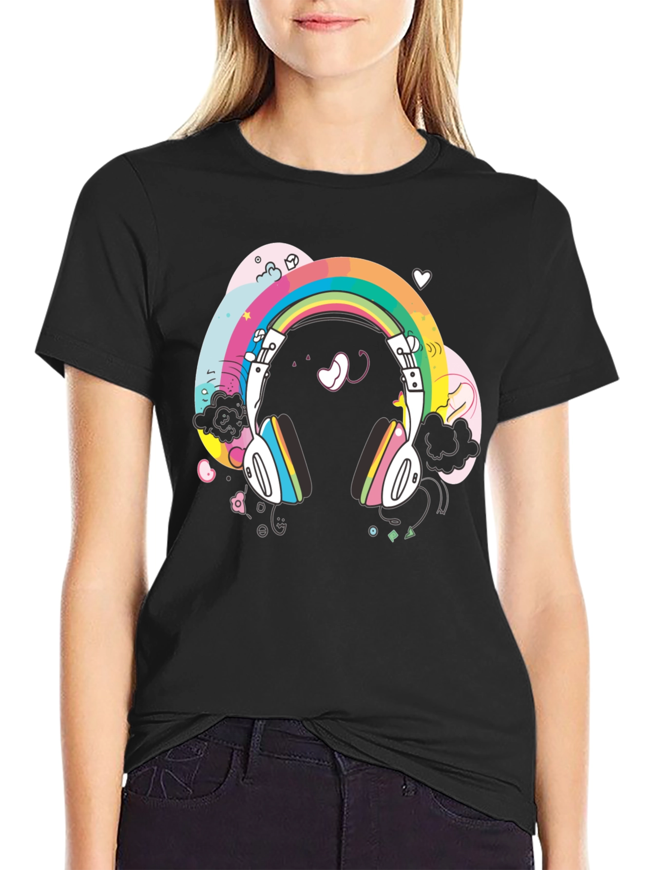 Black Rainbow Headphones Graphic Tee - Black Cotton T-Shirt view 2