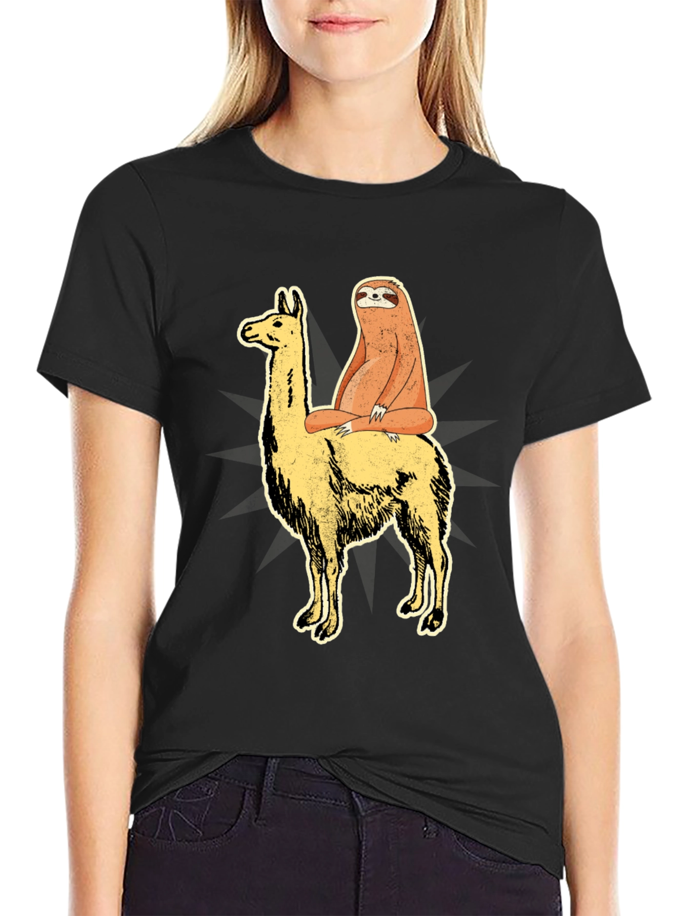 Black Sloth Riding Llama Graphic Tee - Unisex T-Shirt view 2