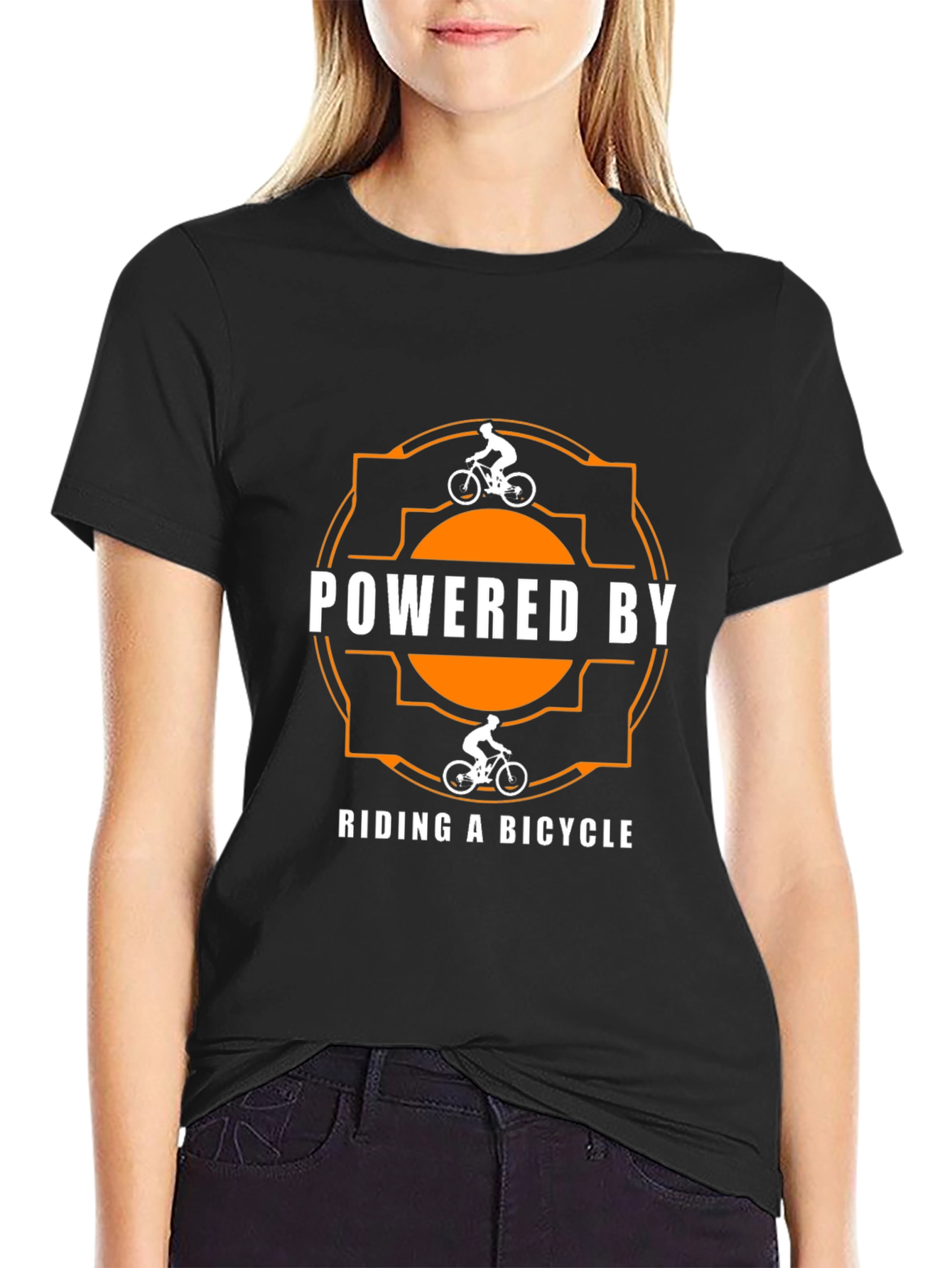 Black Powered By Riding A Bicycle Black T-Shirt view 2