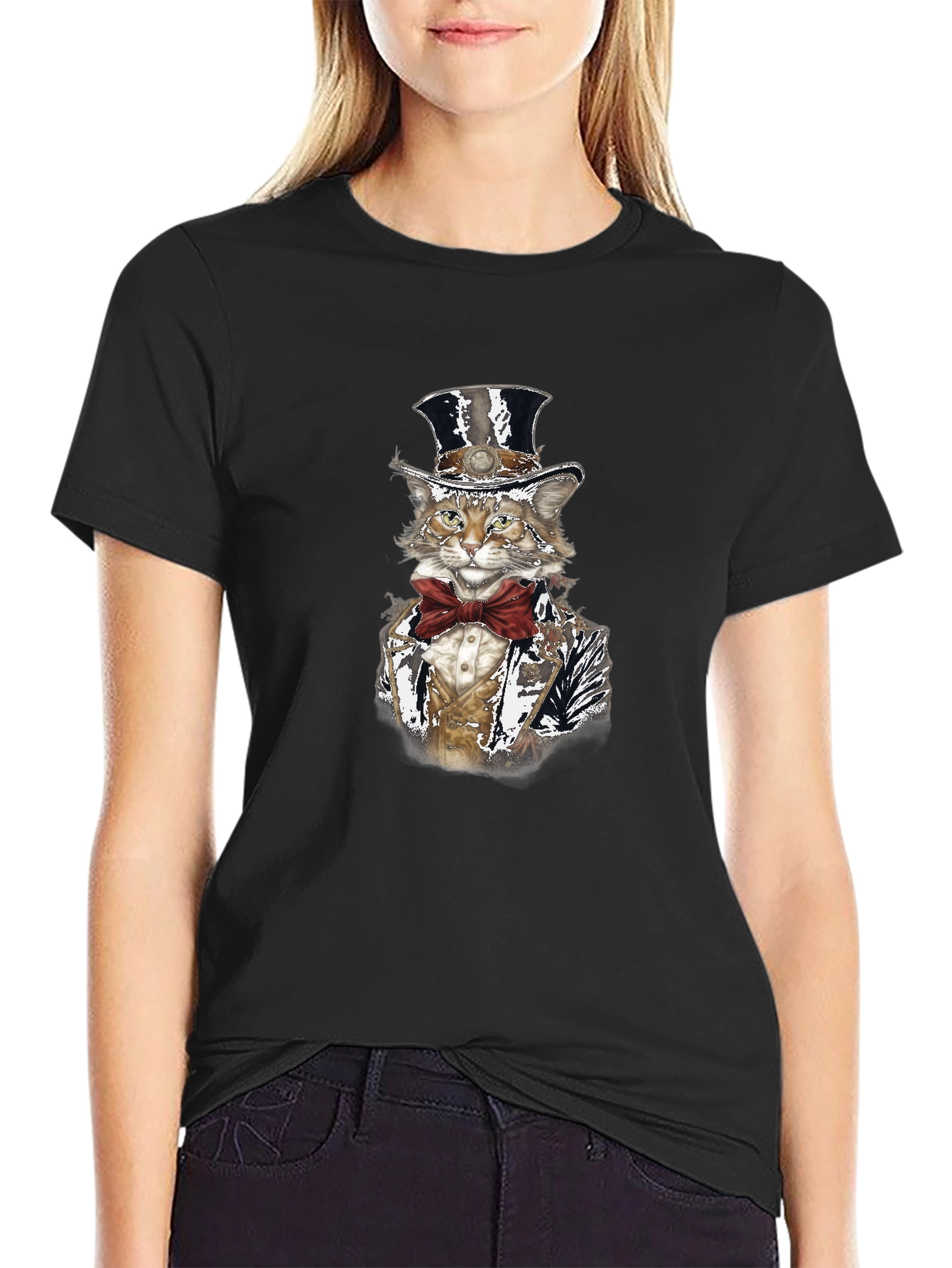 Black Gentleman Cat T-Shirt - Top Hat & Bowtie view 2
