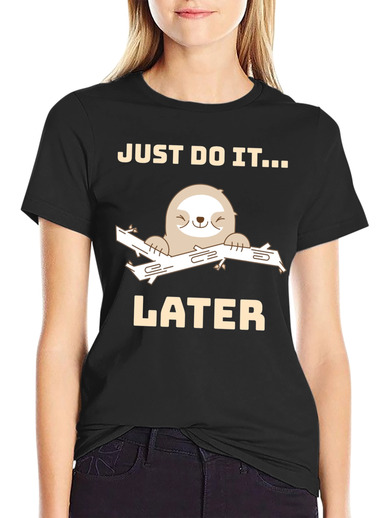 Black Just Do It Later Sloth Graphic Tee - Funny Relaxed T-Shirt view 2