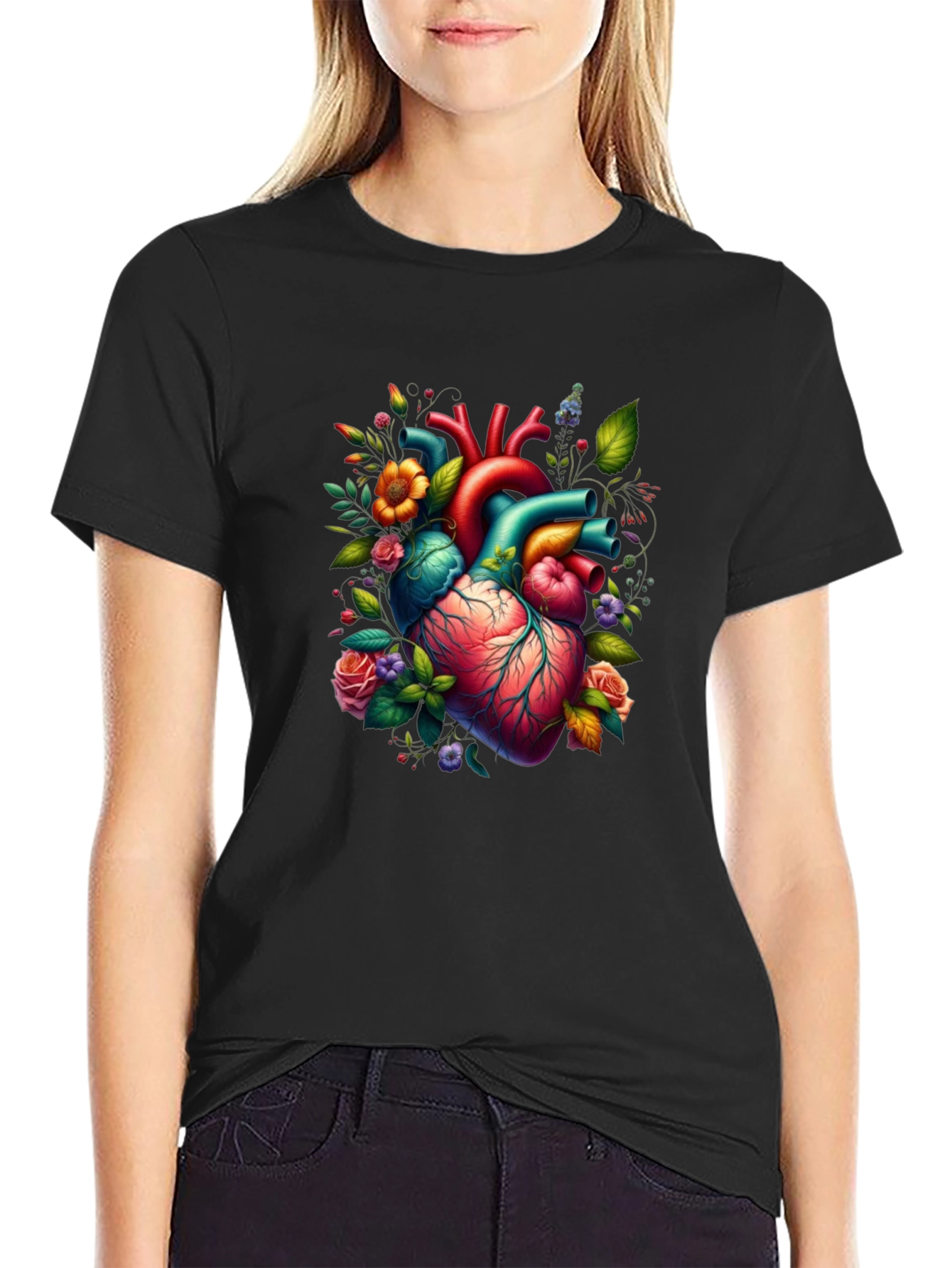 Black Anatomical Heart Floral Graphic T-Shirt view 2