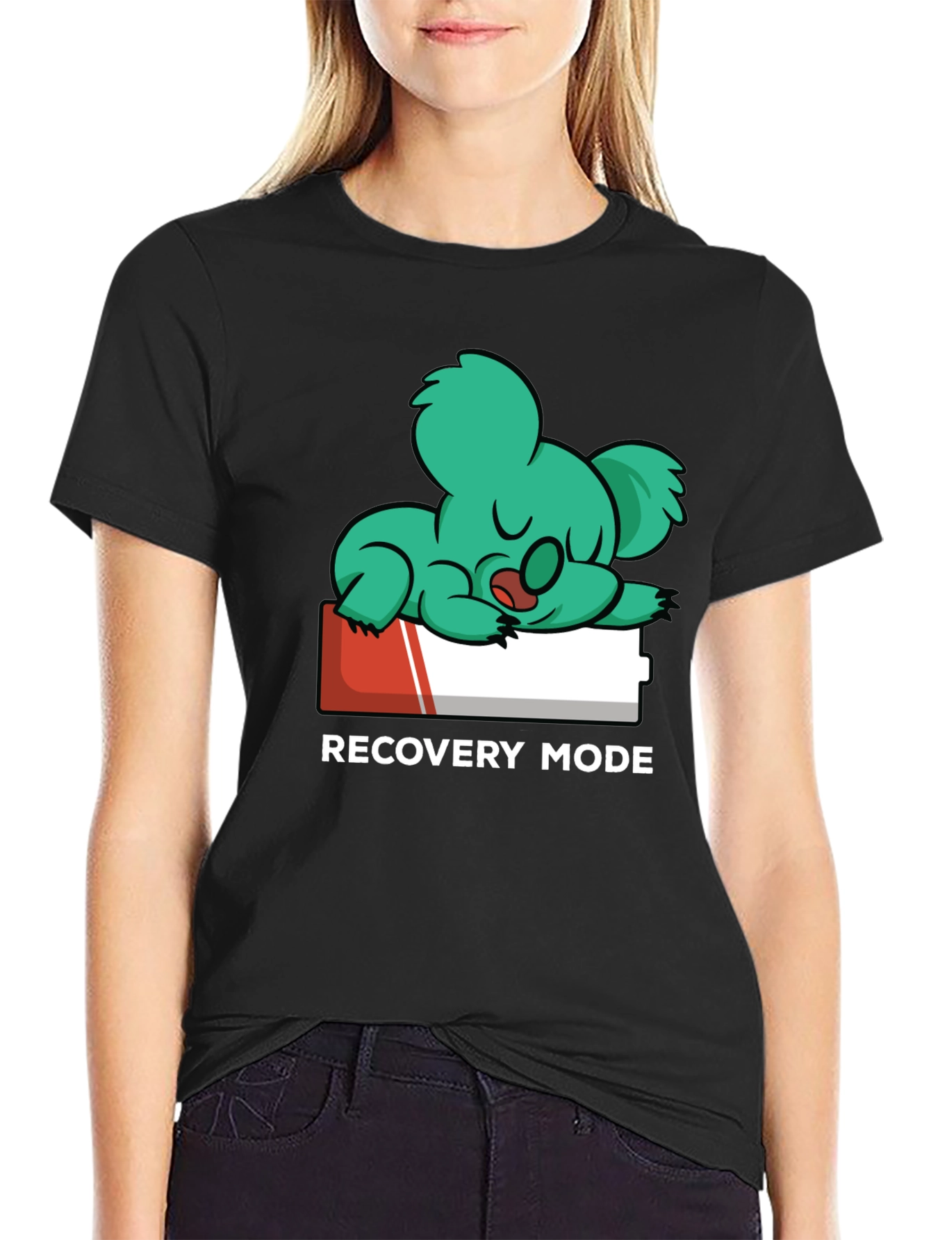 Black Recovery Mode T-Shirt: Sleepy Koala on Low Battery view 2
