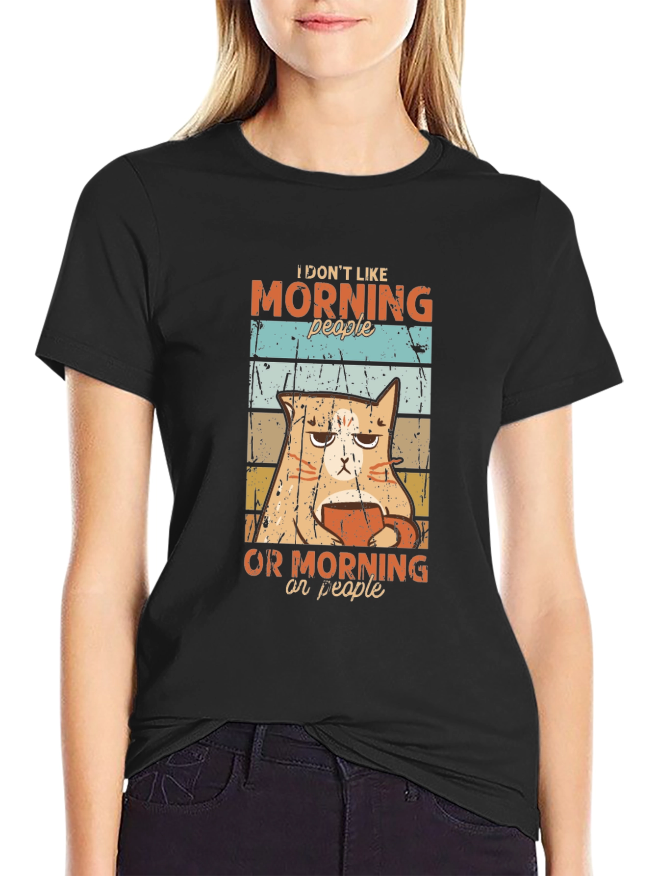 Black Funny Cat Morning People Graphic T-Shirt view 2