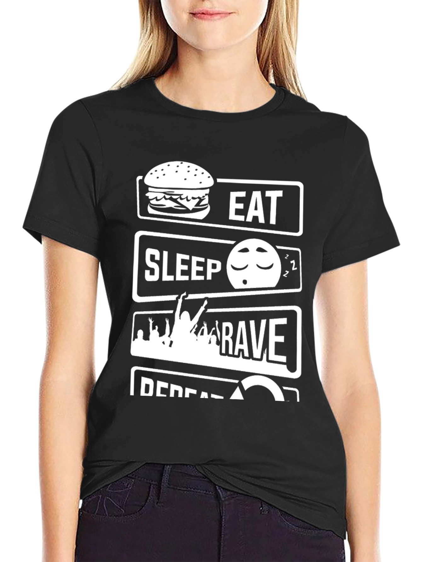 Black Eat Sleep Rave Repeat Black Graphic Tee view 2