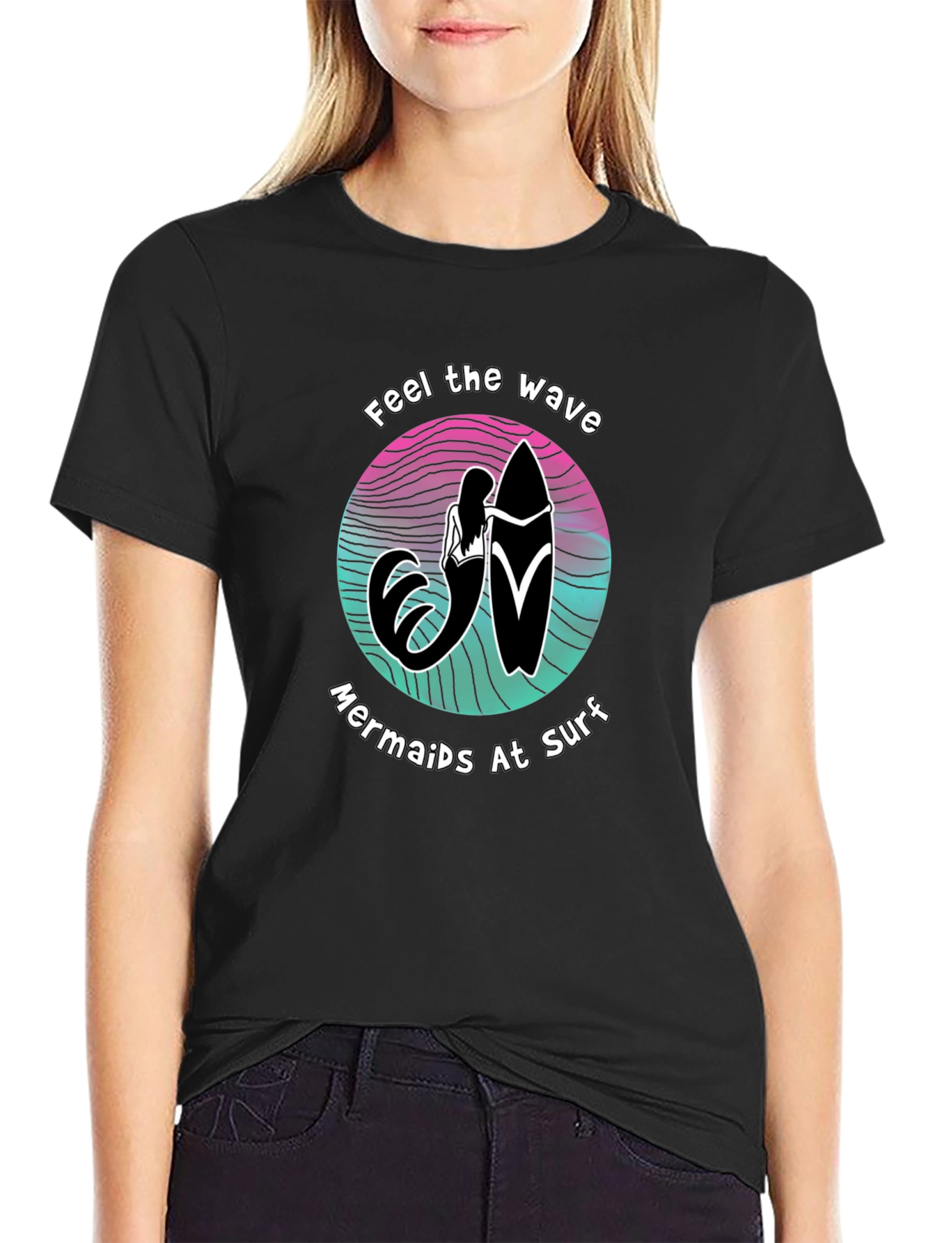 Black Mermaids at Surf T-Shirt - Feel the Wave Graphic Tee view 2