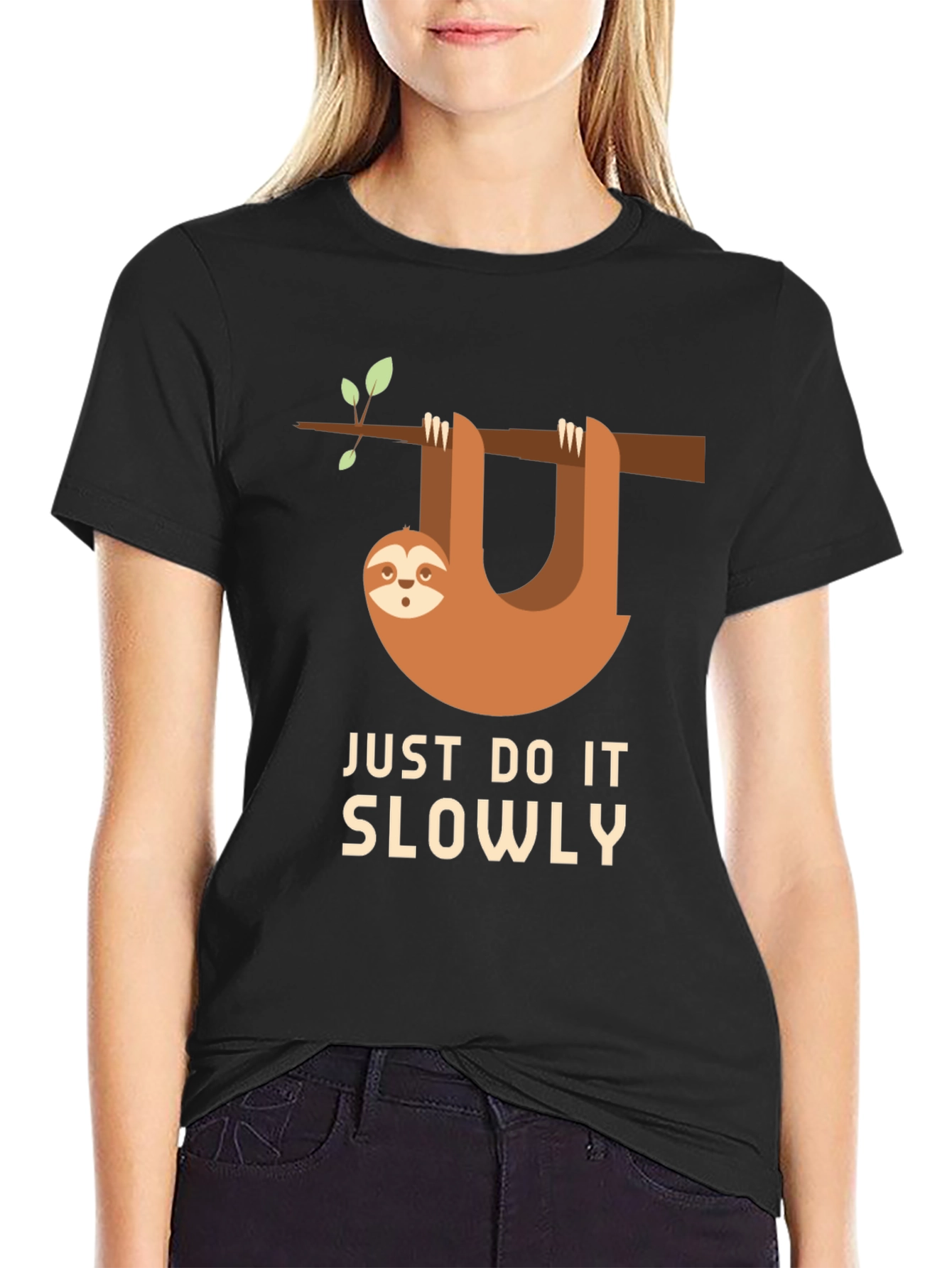 Black Funny Sloth Just Do It Slowly T-Shirt view 2