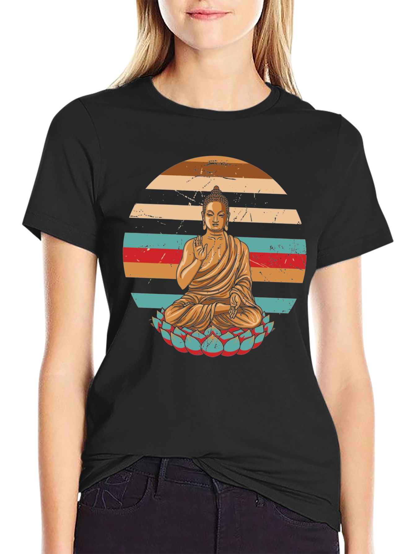 Black Retro Buddha Graphic T-Shirt view 2