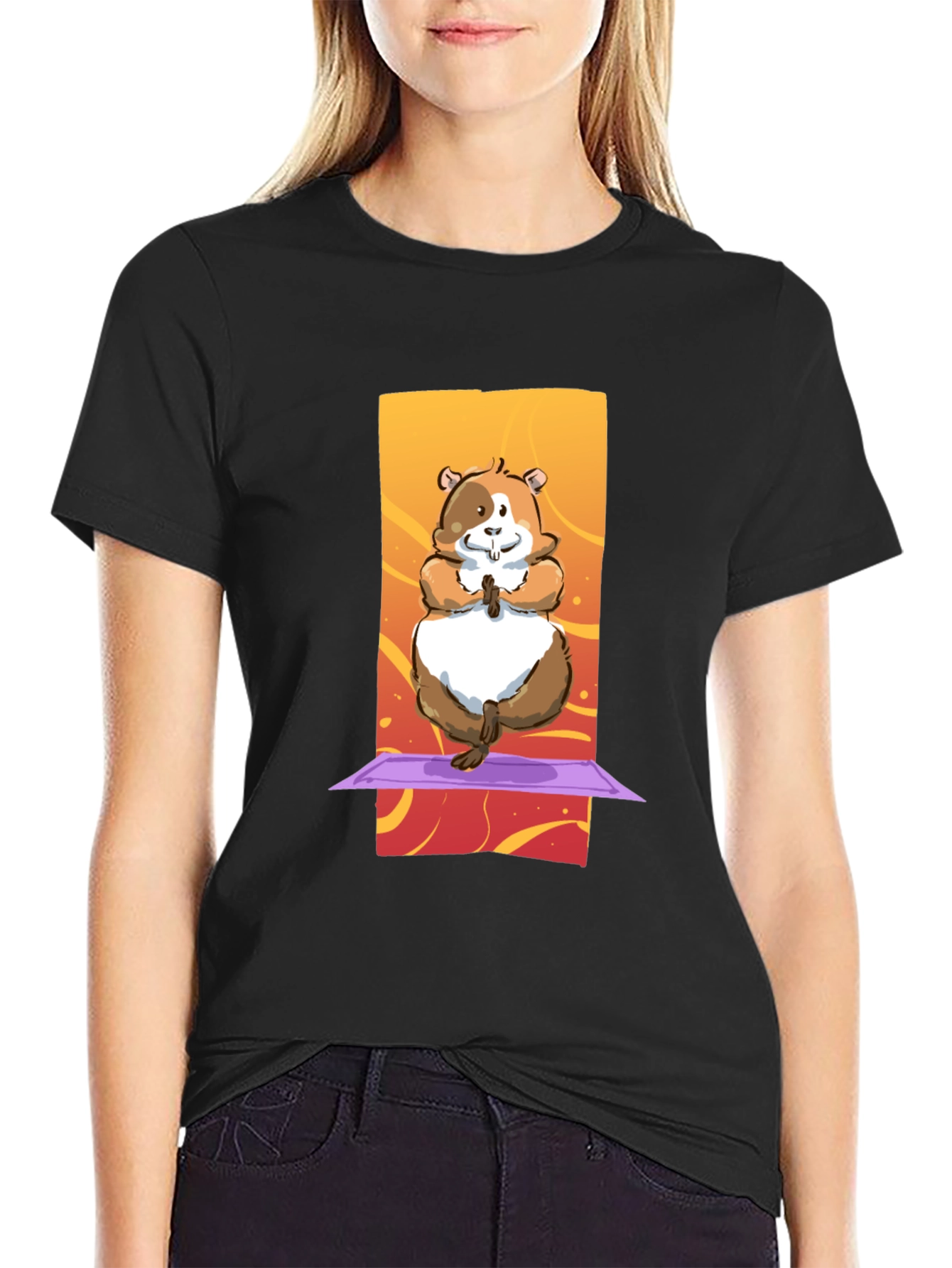 Black Yoga Hamster T-Shirt: Funny Graphic Tee view 2