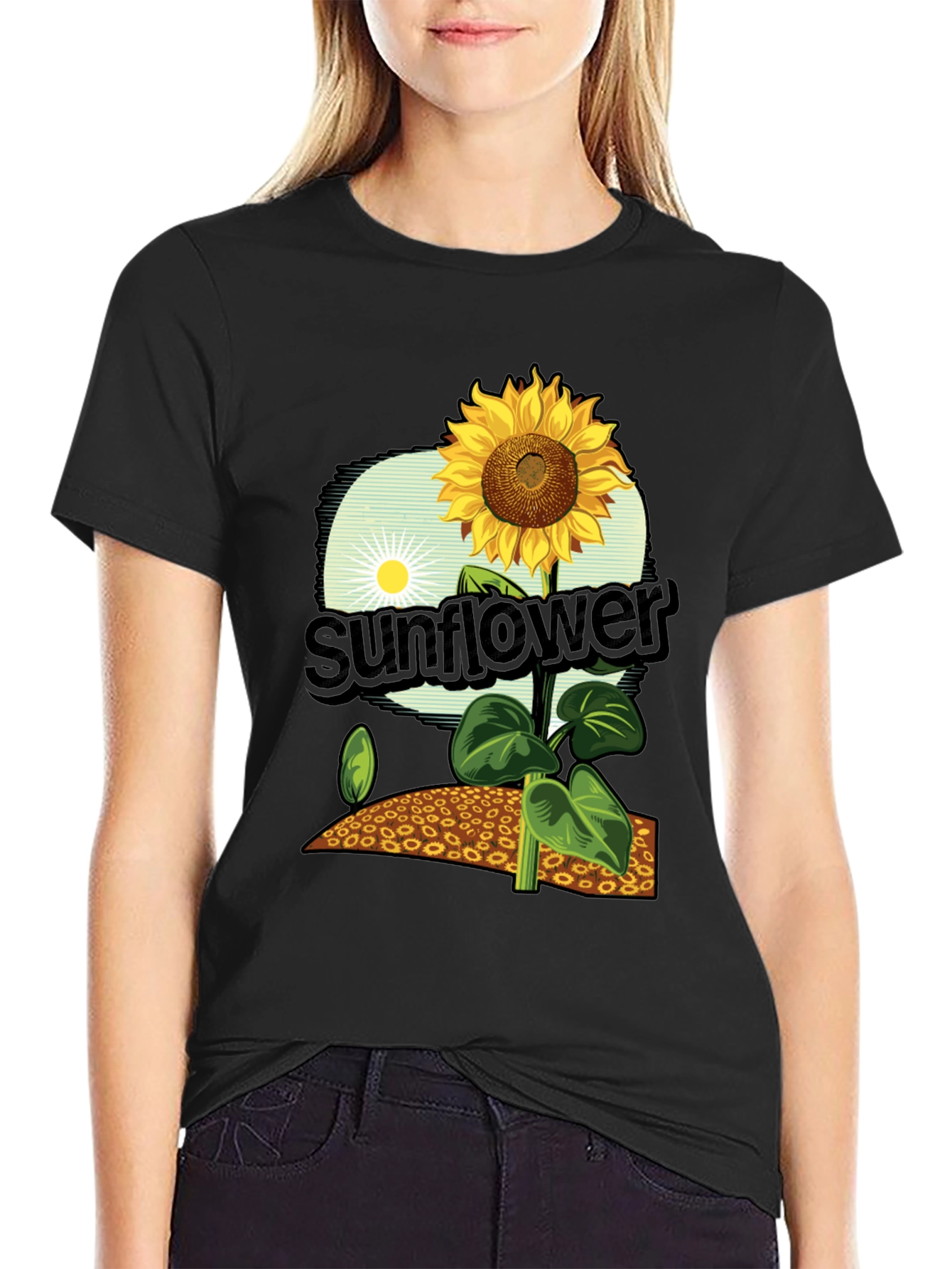 Black Sunflower Graphic Print T-Shirt - Black Cotton Tee view 2