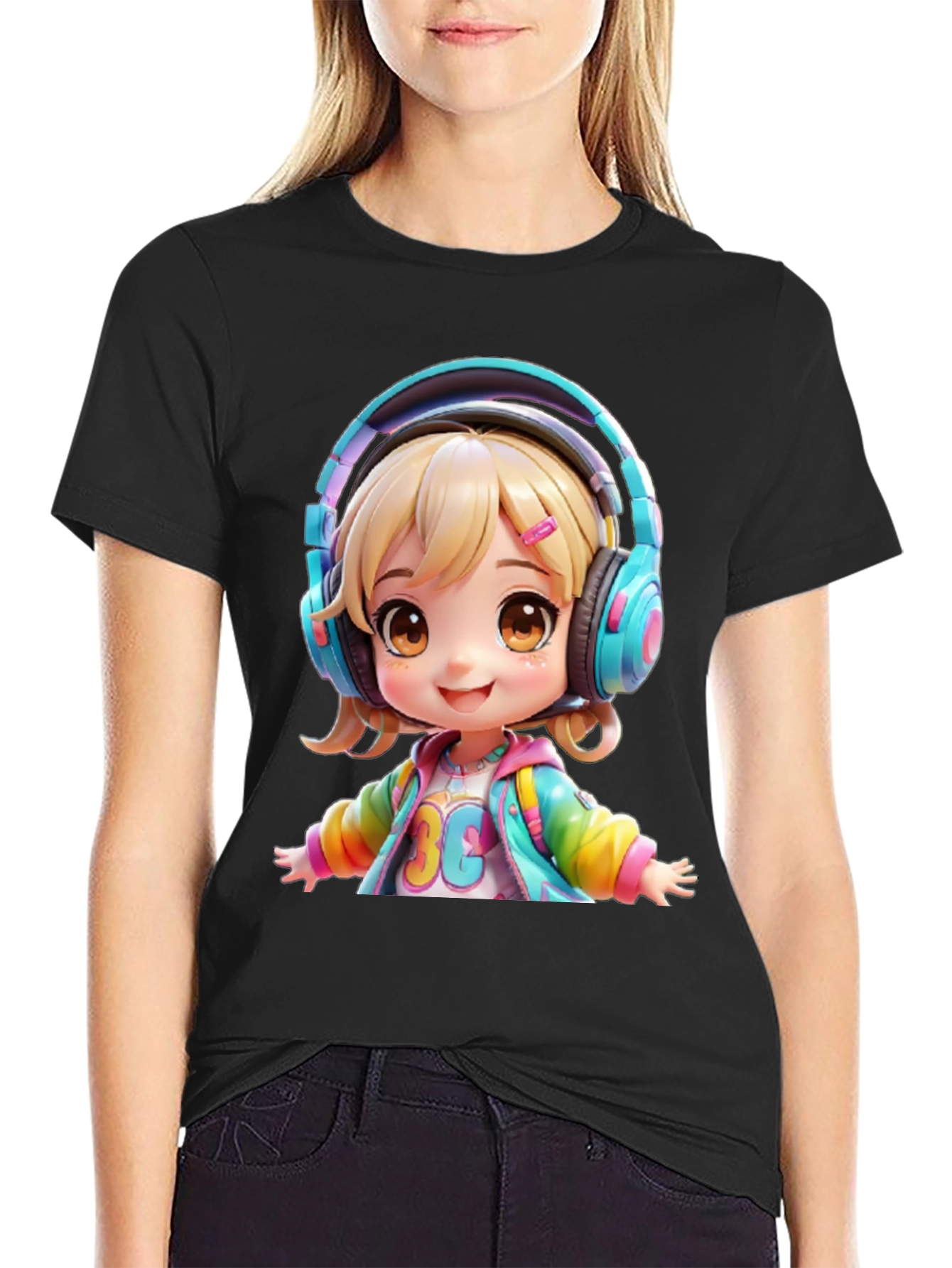 Black Anime Girl with Headphones Graphic T-Shirt view 2