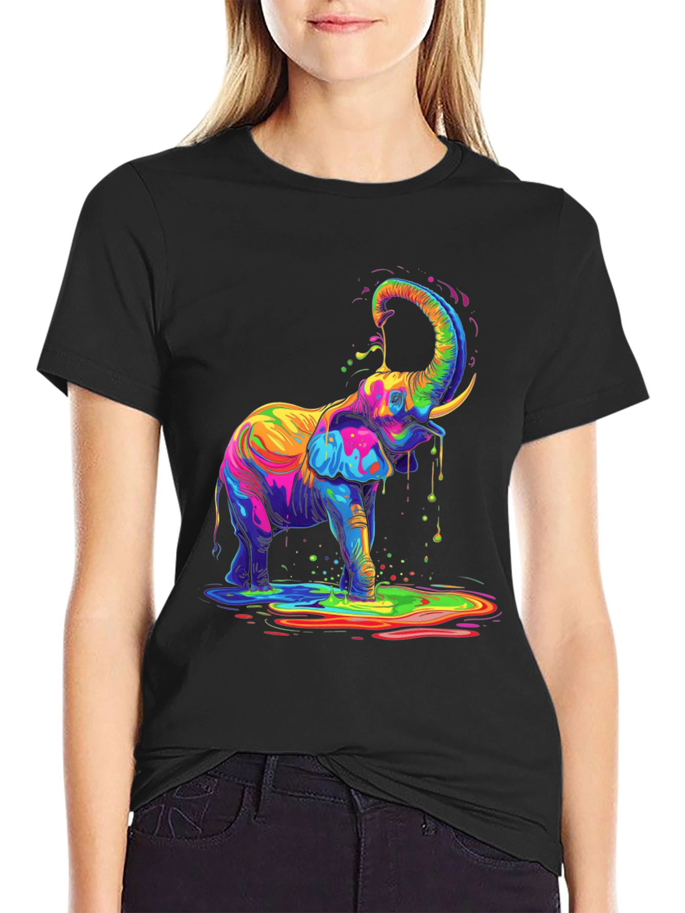 Black Colorful Elephant Graphic Tee - Black Cotton T-Shirt view 2