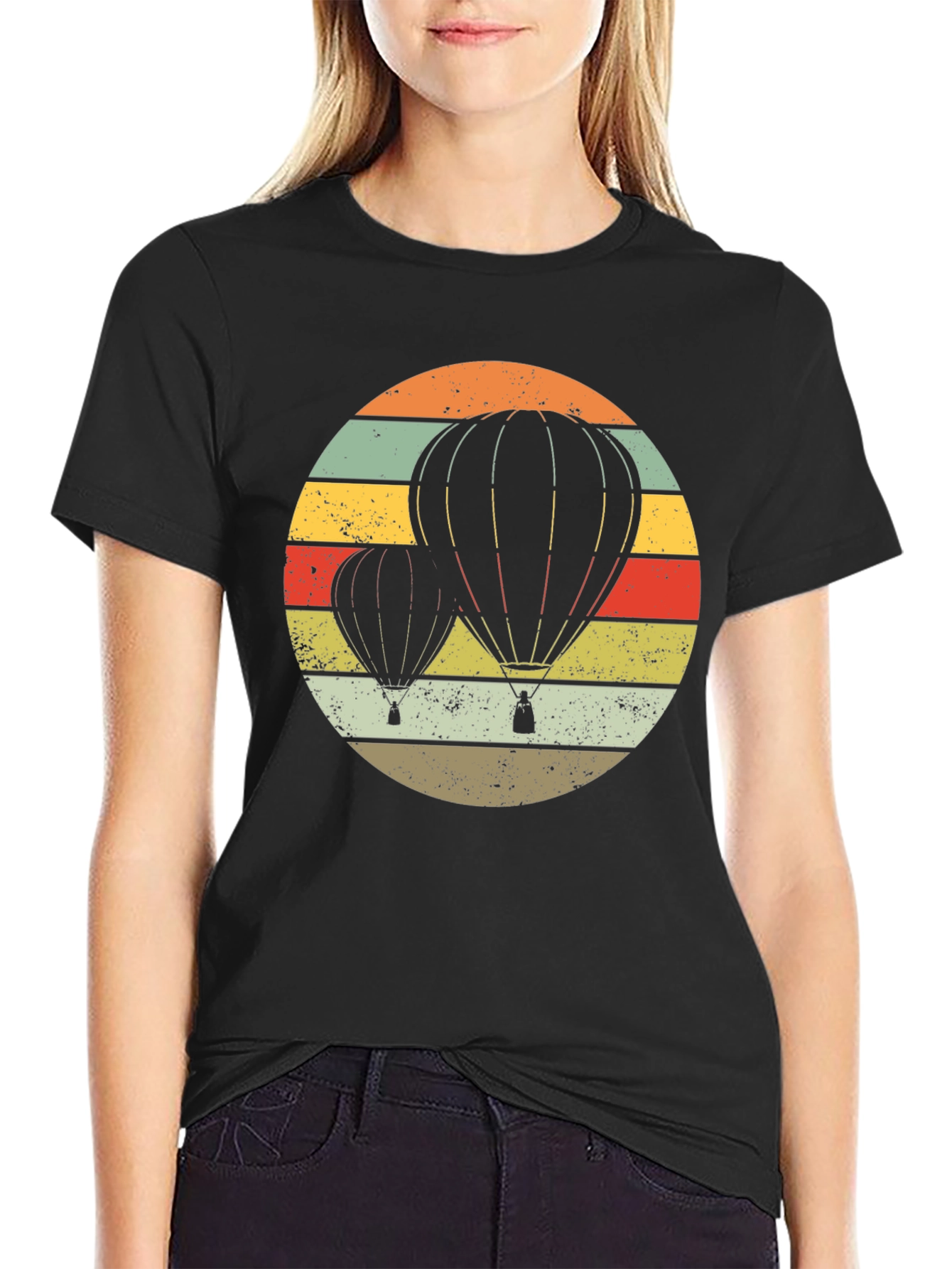 Black Retro Hot Air Balloon Graphic Tee - Vintage Style view 2