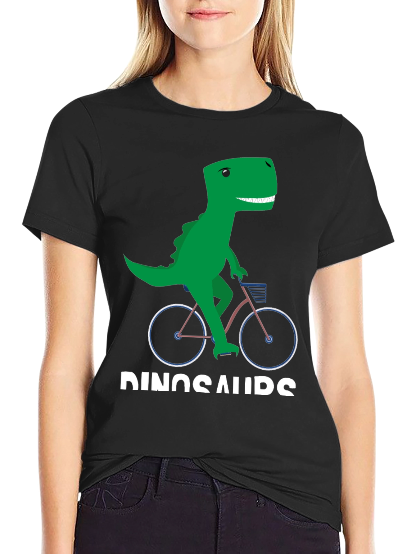 Black Dinosaur Riding Bike Graphic T-Shirt view 2