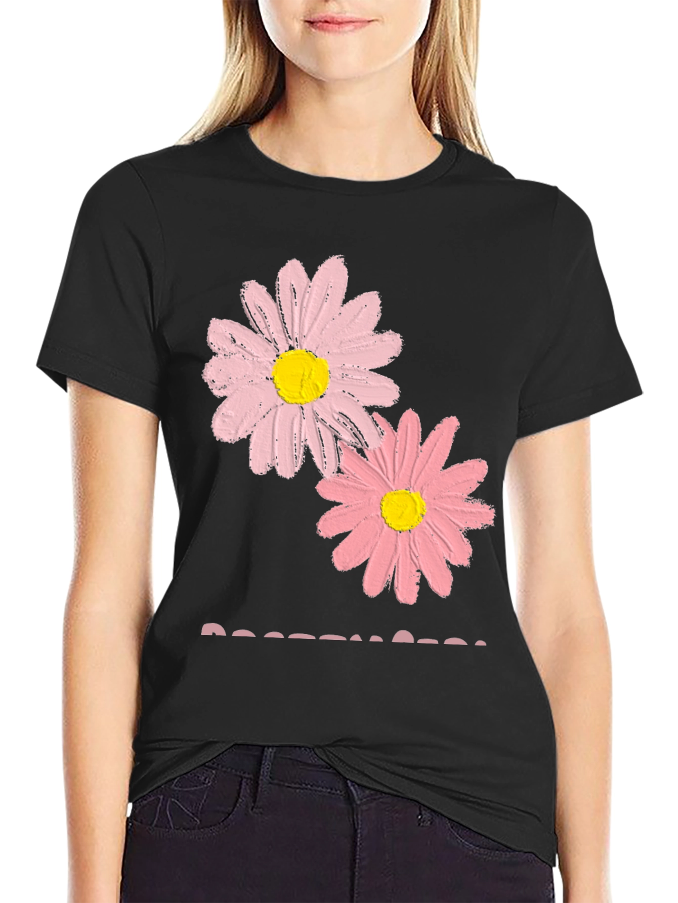 Black Pink Daisy Graphic T-Shirt - Soft Cotton Blend view 2