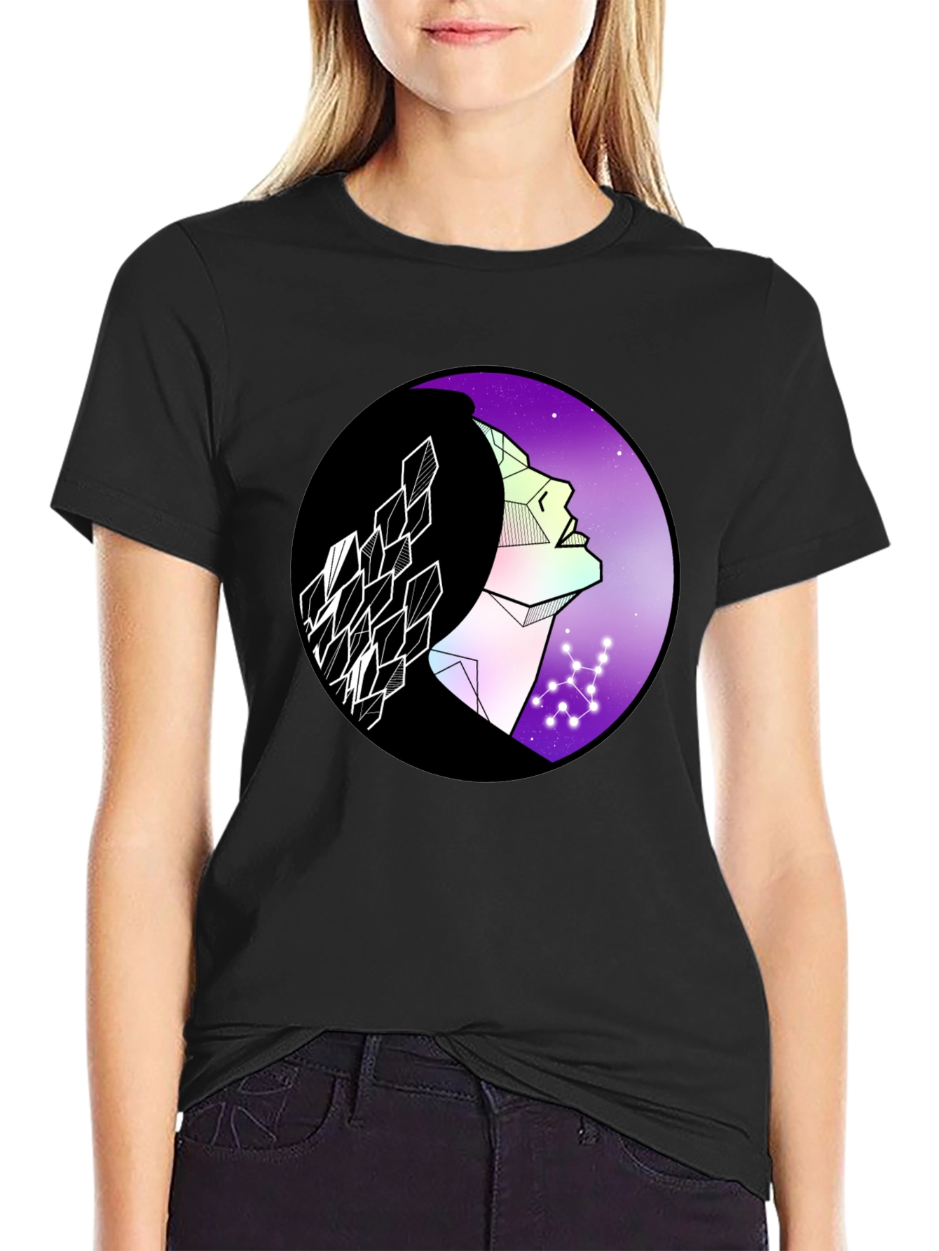 Black Geometric Woman Graphic Tee - Cosmic Vibes view 2