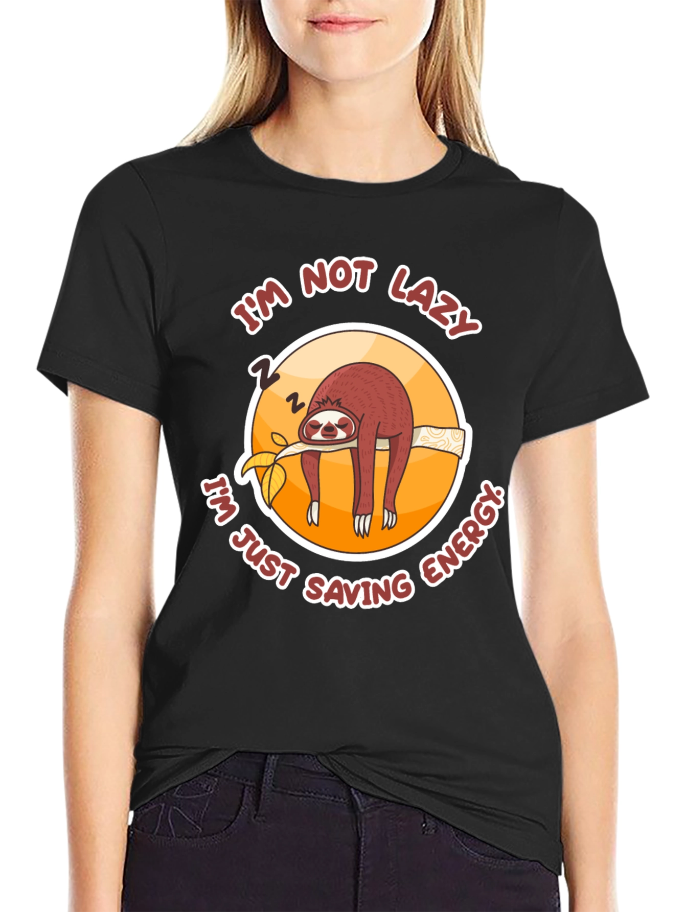 Black Funny Sloth T-Shirt: I'm Not Lazy, Saving Energy! view 2