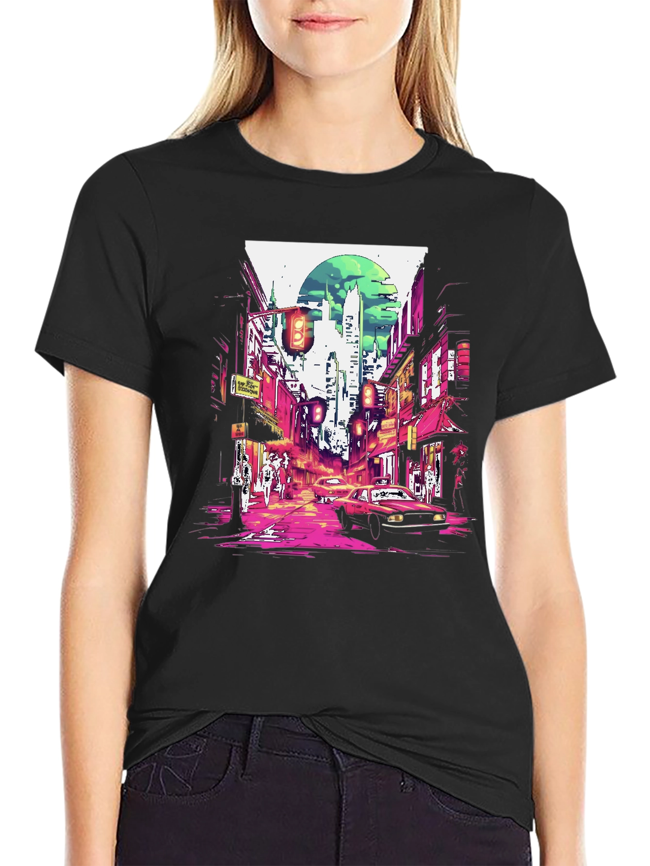 Black Retro Cityscape T-Shirt - Stylish Urban Design view 2