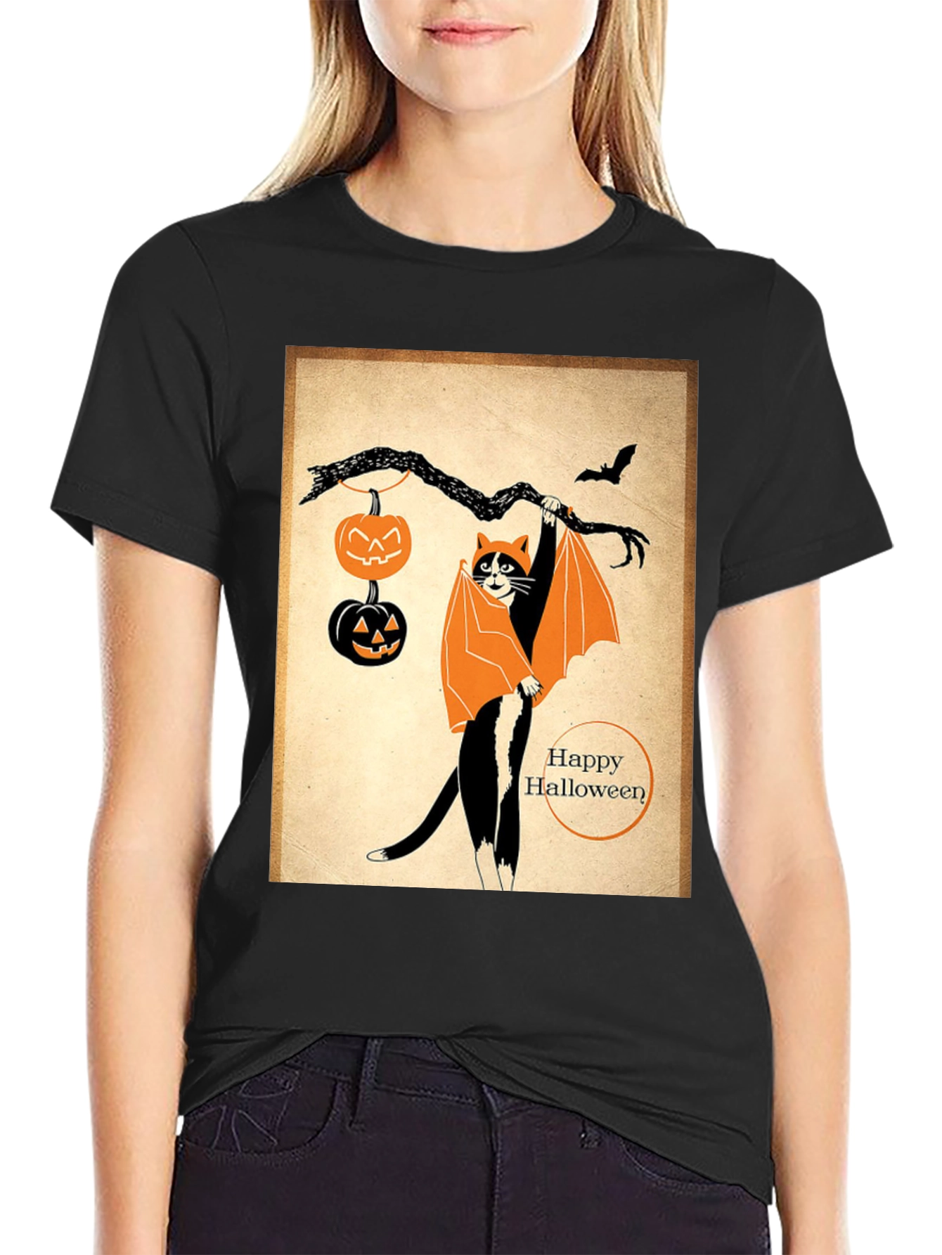 Black Halloween Cat T-Shirt Bat Costume Pumpkins view 2