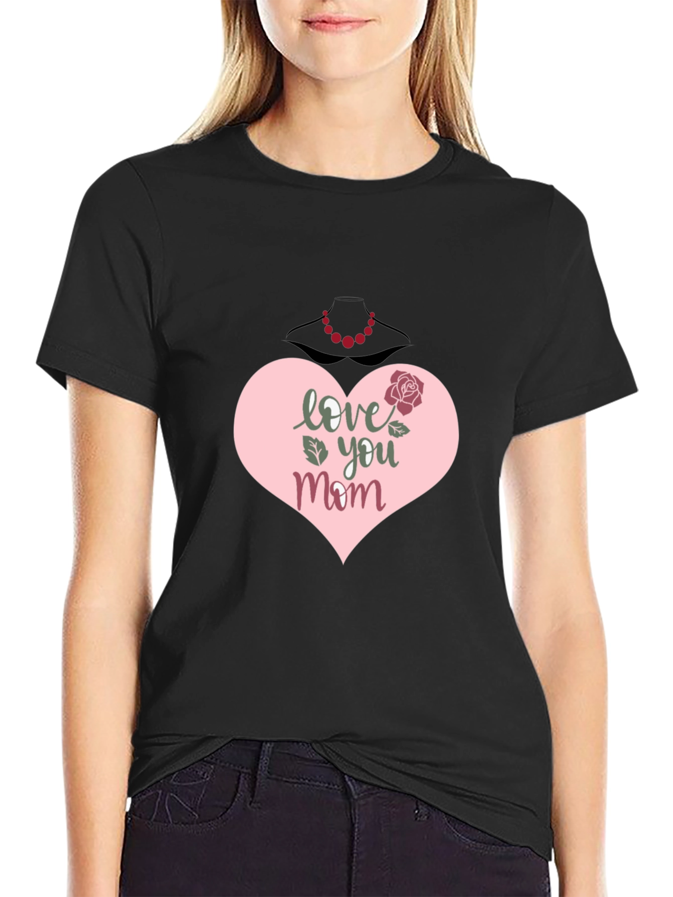 Black Love You Mom T-Shirt - Heart & Rose Design view 2