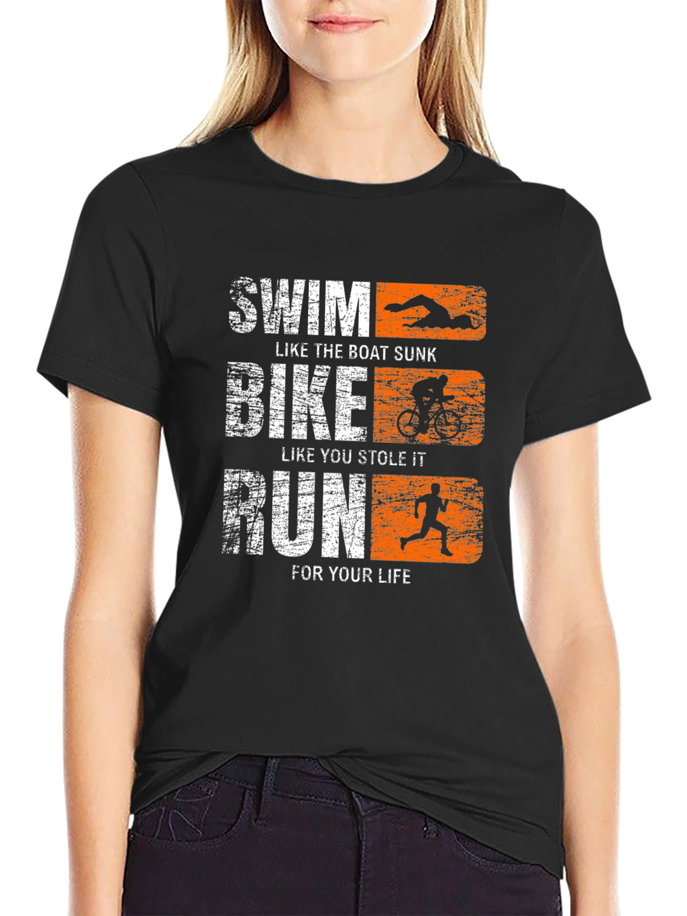 Black Triathlon Graphic T-Shirt Swim Bike Run Tee view 2