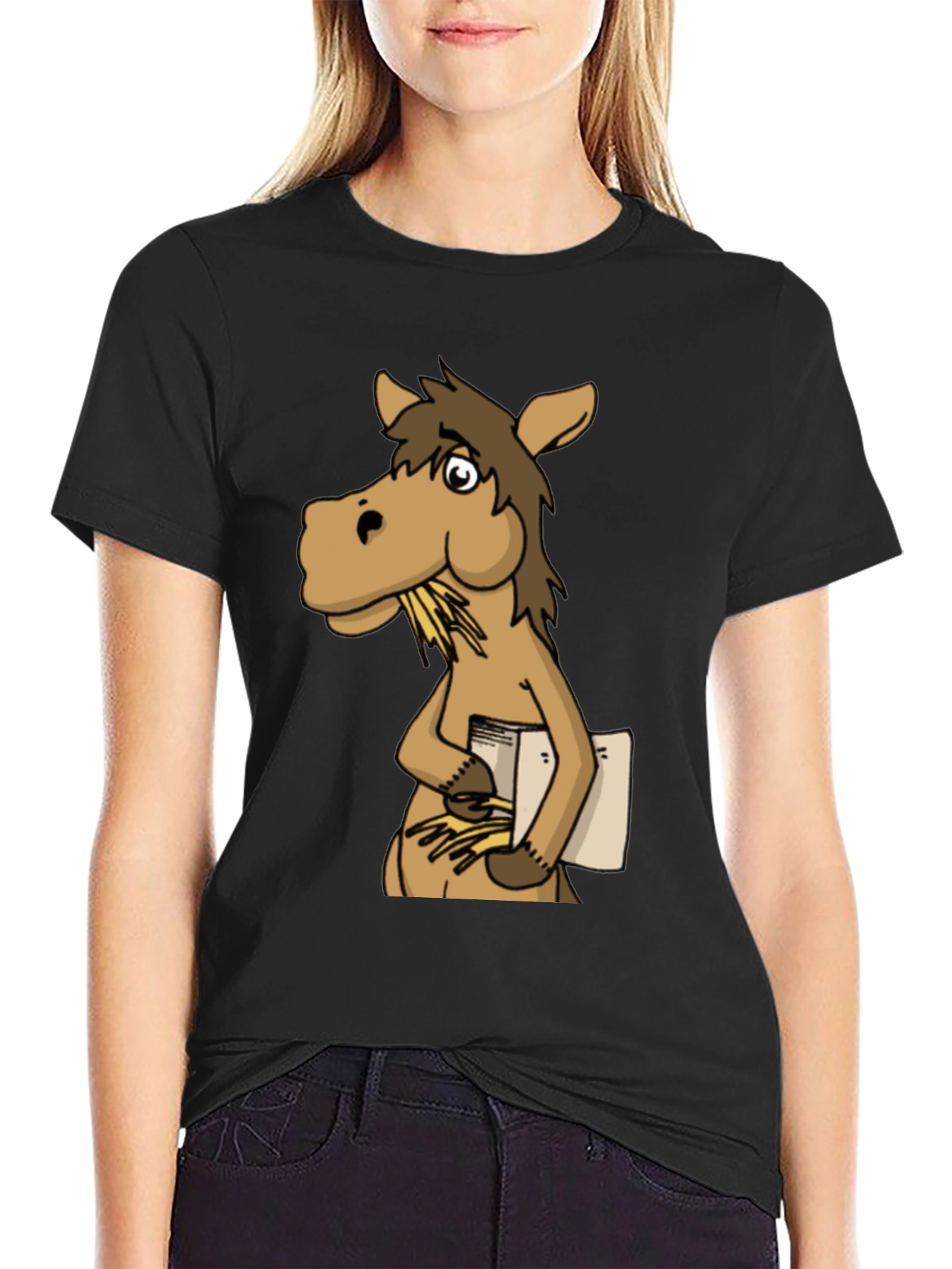 Black Funny Horse Reading Book Graphic T-Shirt view 2