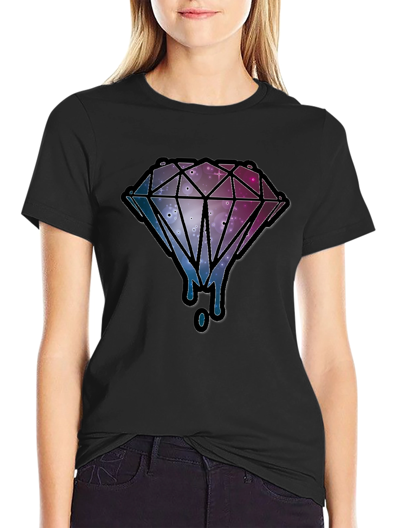 Black Galaxy Diamond Dripping Graphic Black T-Shirt view 2