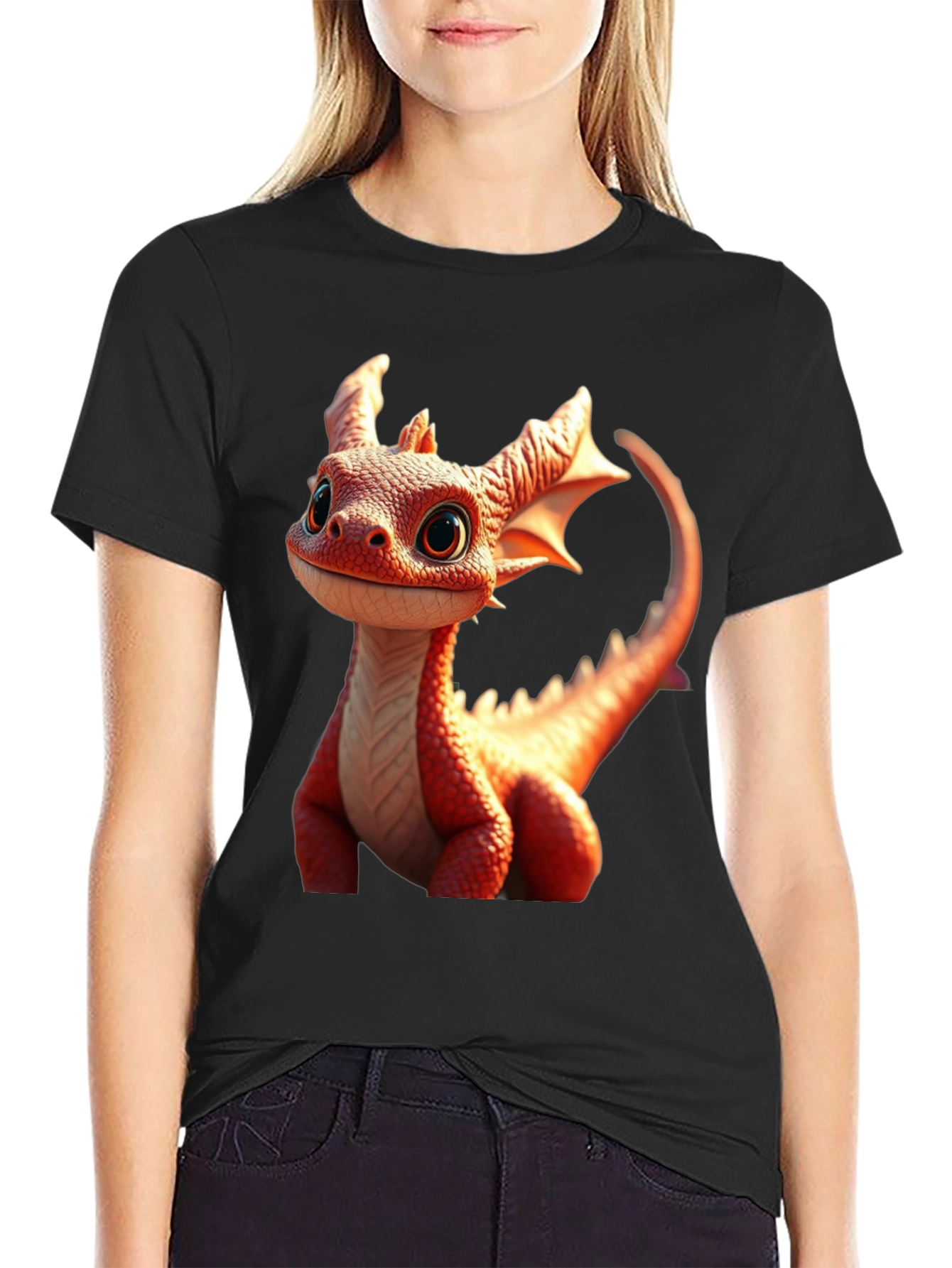 Black Cute Dragon Graphic Tee - Black Cotton Comfort view 2