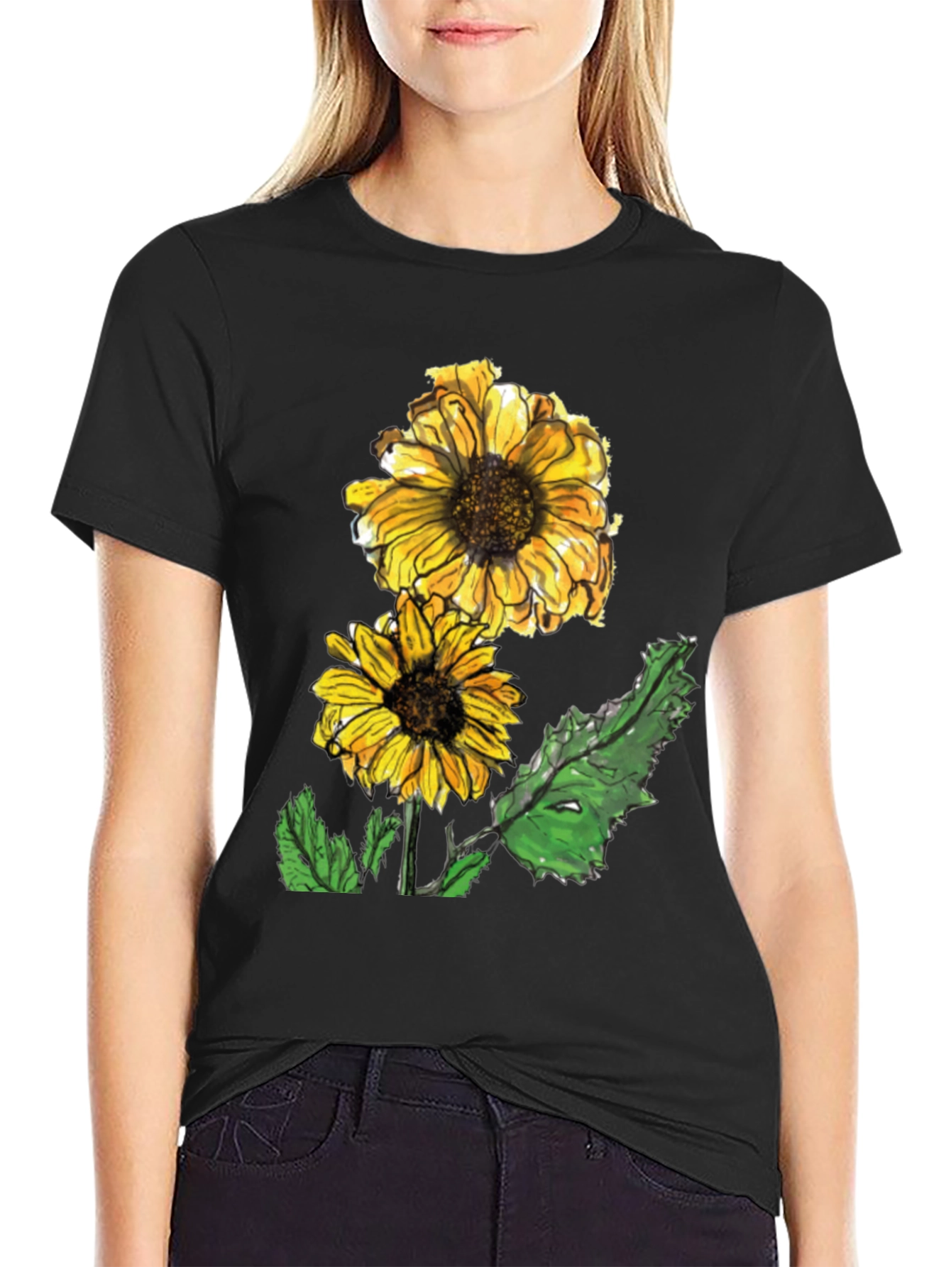 Black Sunflower Graphic Tee - Casual Black T-Shirt view 2