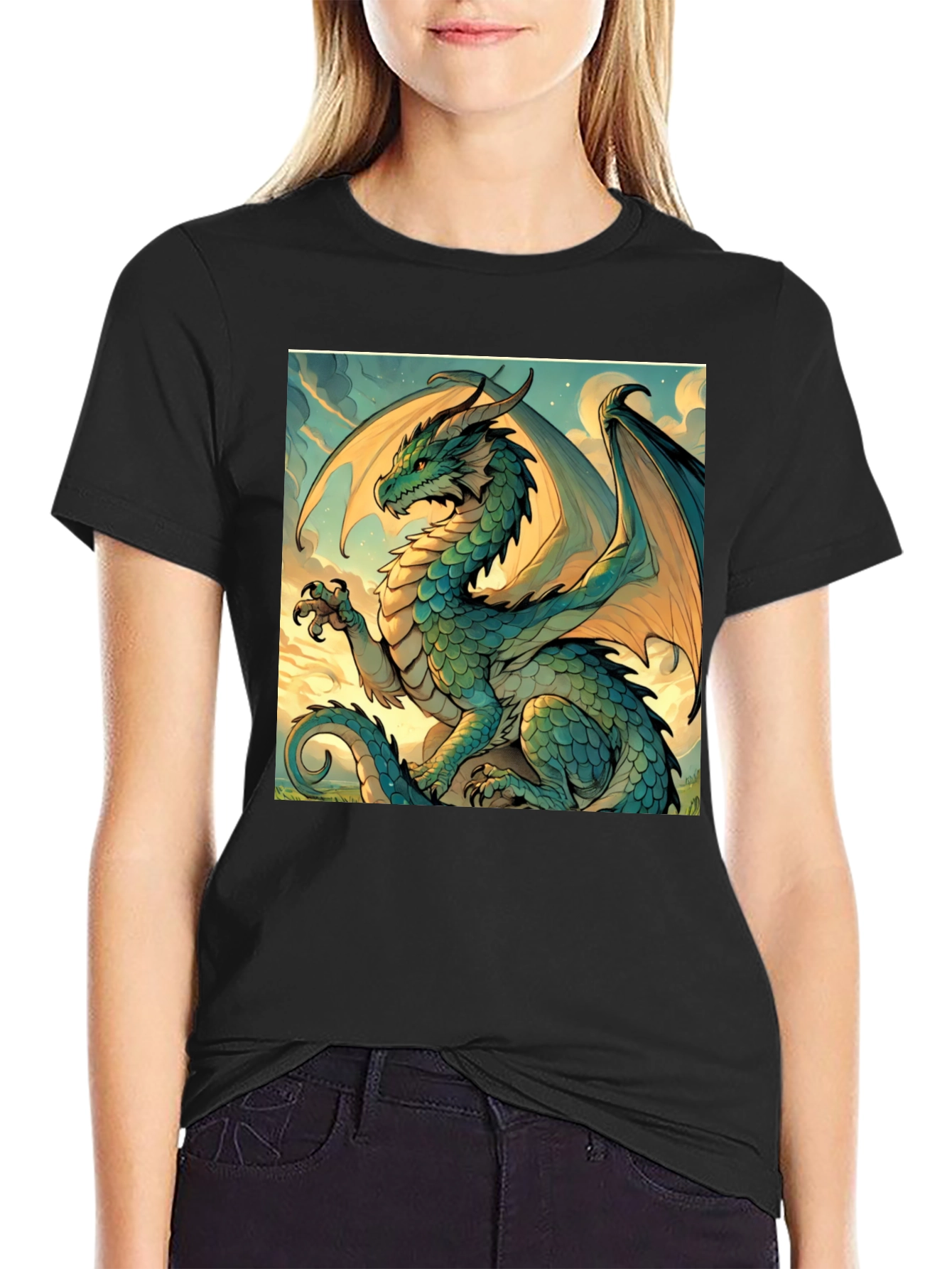 Black Dragon Graphic Tee - Mythical Creature Art Shirt view 2