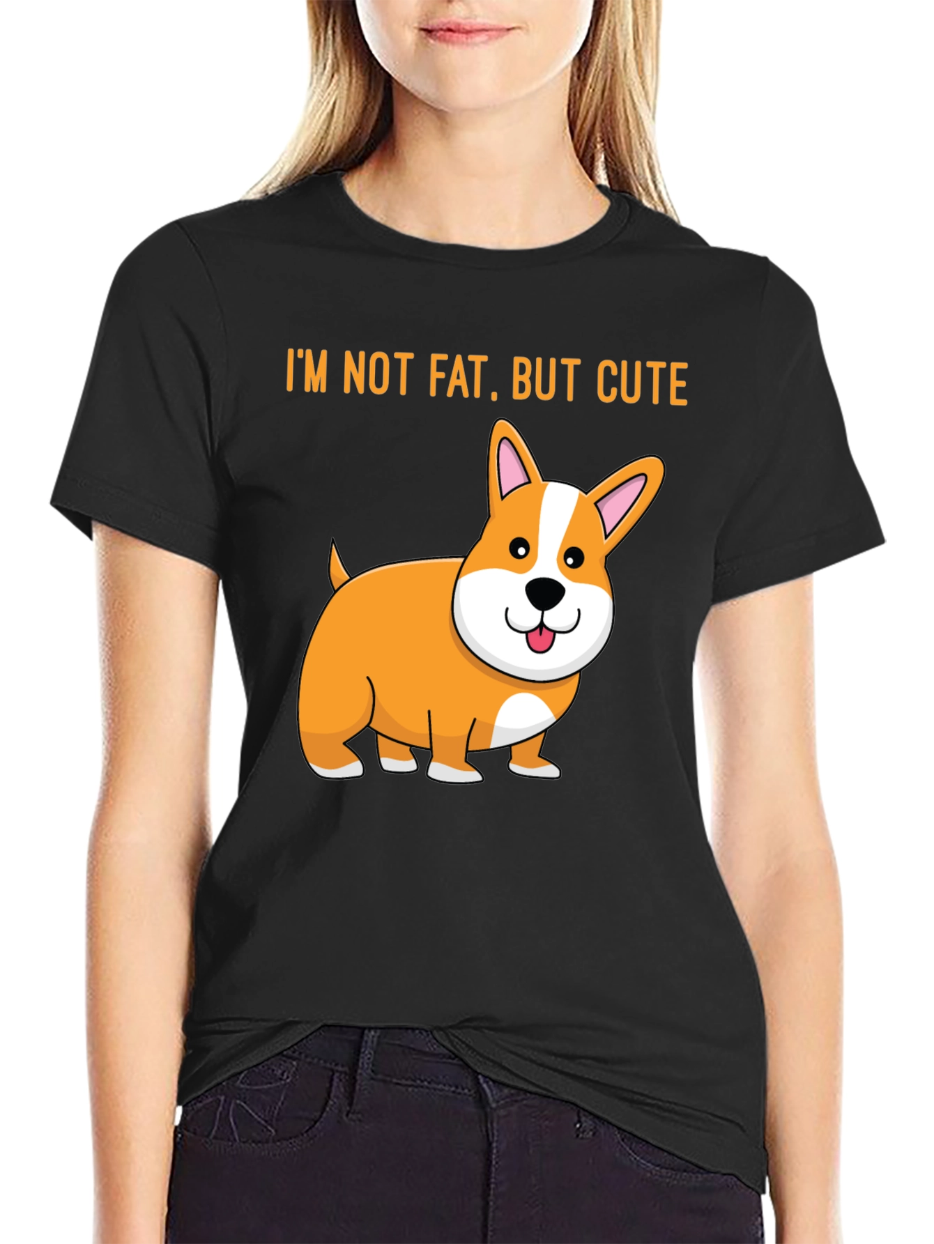 Black Cute Corgi T-Shirt - I'm Not Fat, But Cute view 2