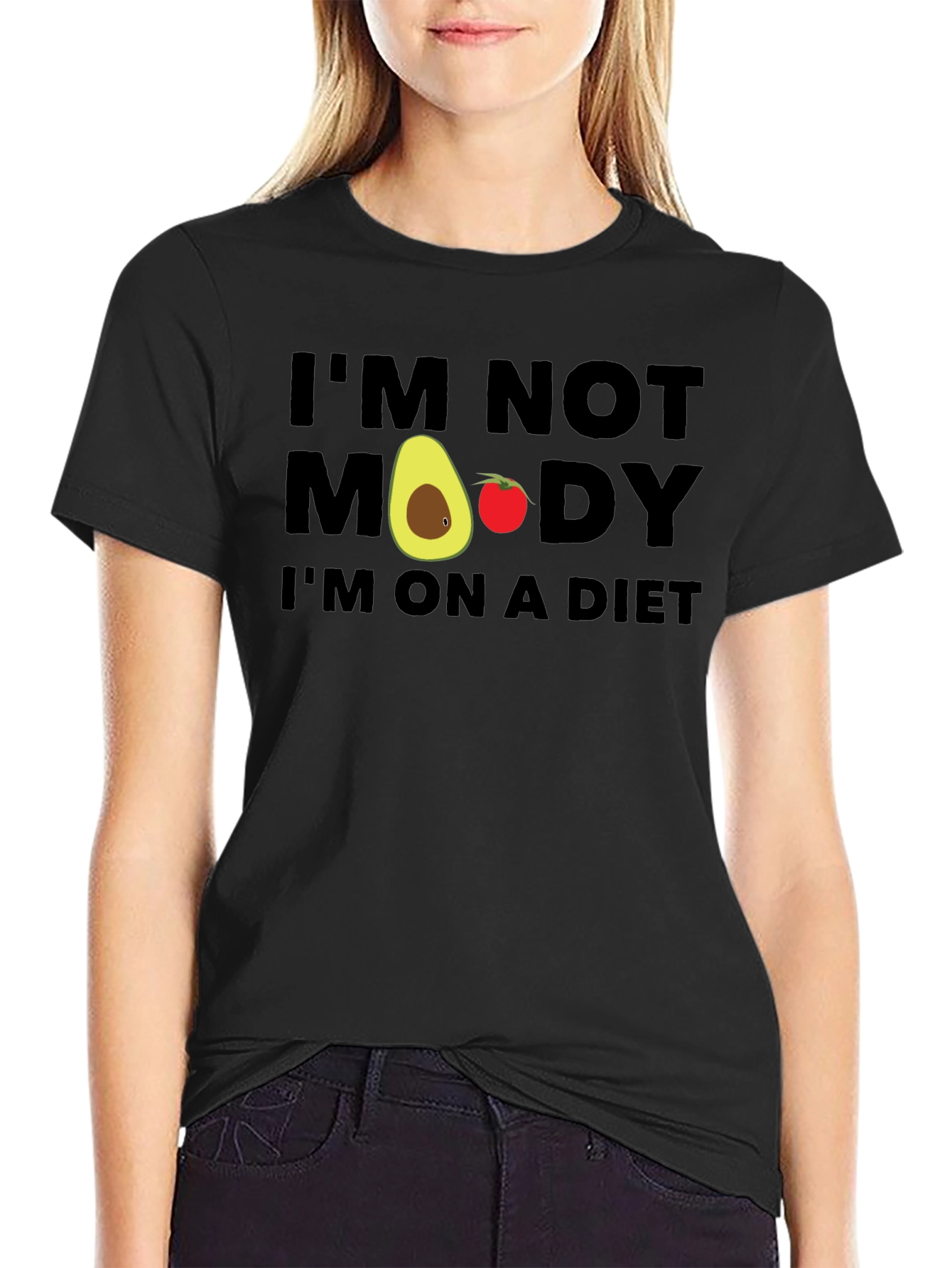 Black Funny Diet T-Shirt - "I'm Not Moody, I'm On A Diet!" view 2