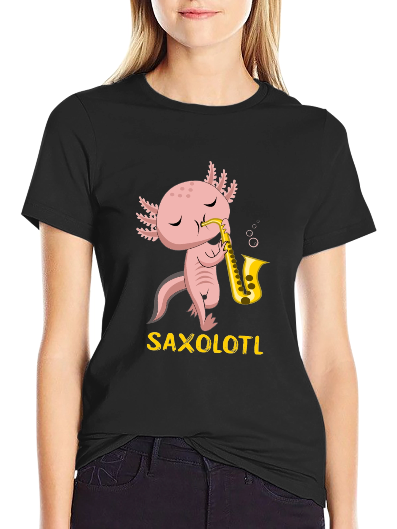 Black Saxolotl T-Shirt: Funny Axolotl Saxophone Player Tee view 2