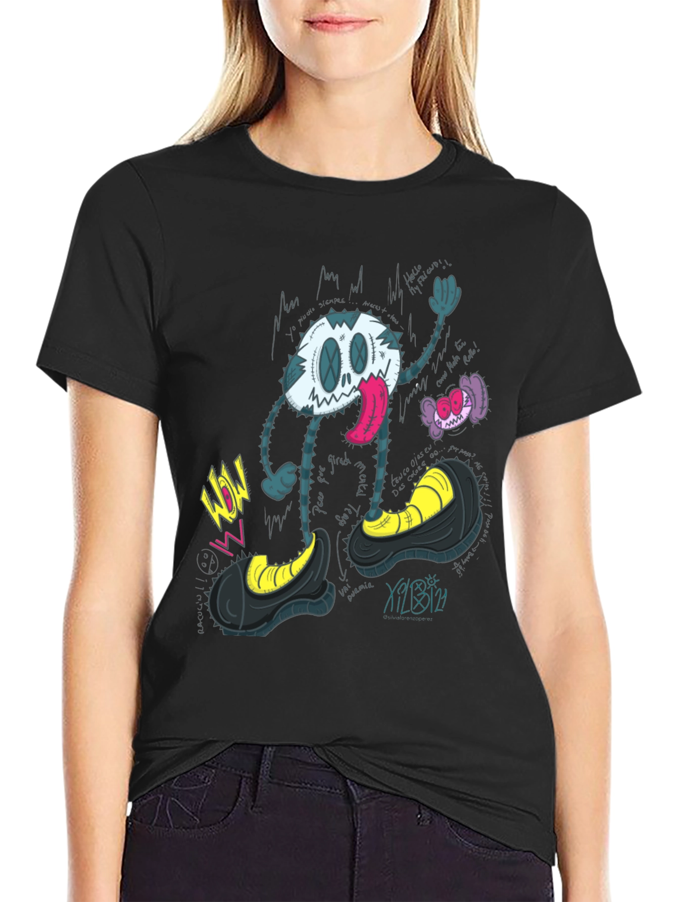 Black Cartoon Character Graphic Print T-Shirt view 2