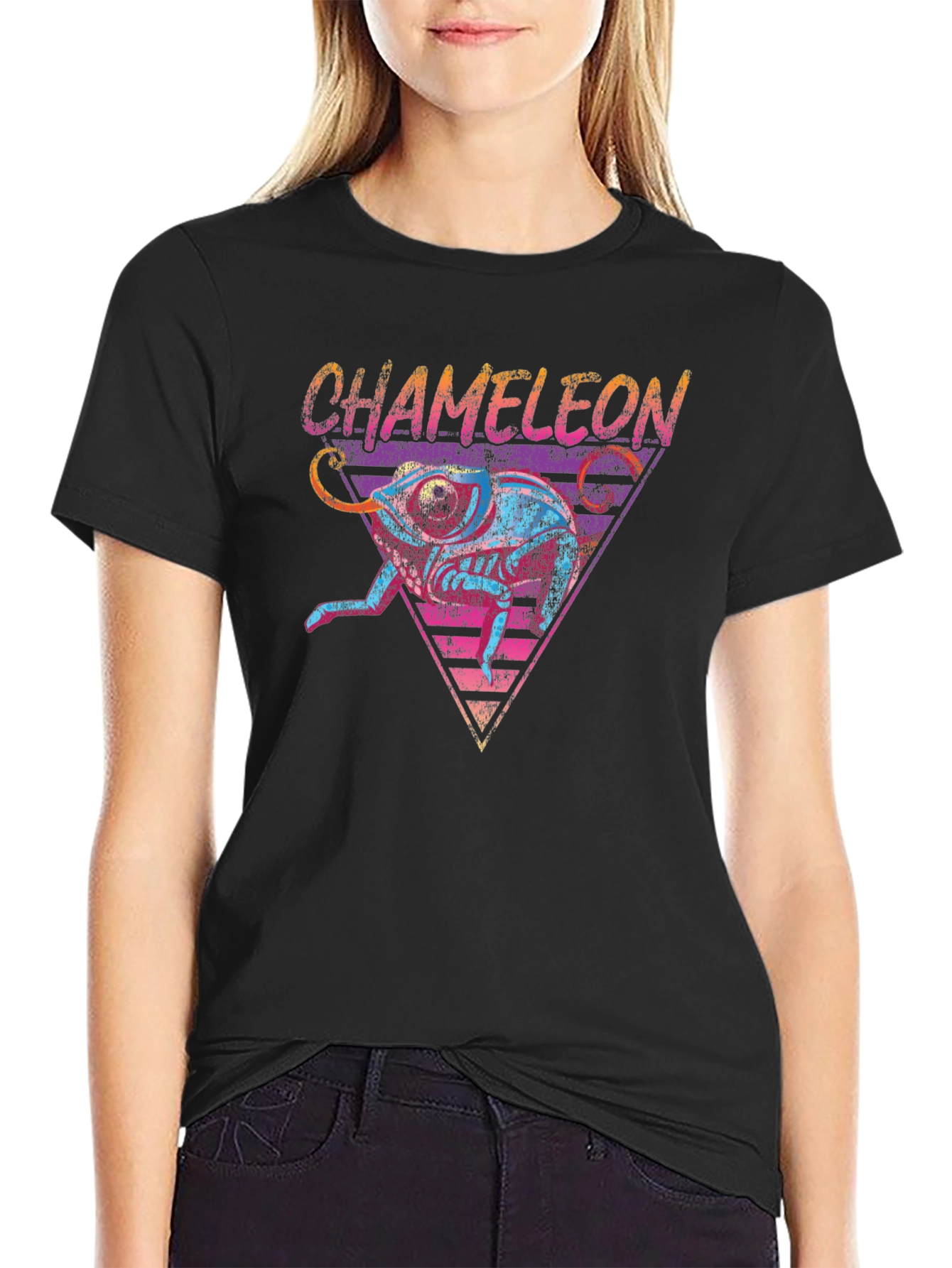 Black Retro Chameleon Graphic Tee - Cool Animal T-Shirt view 2