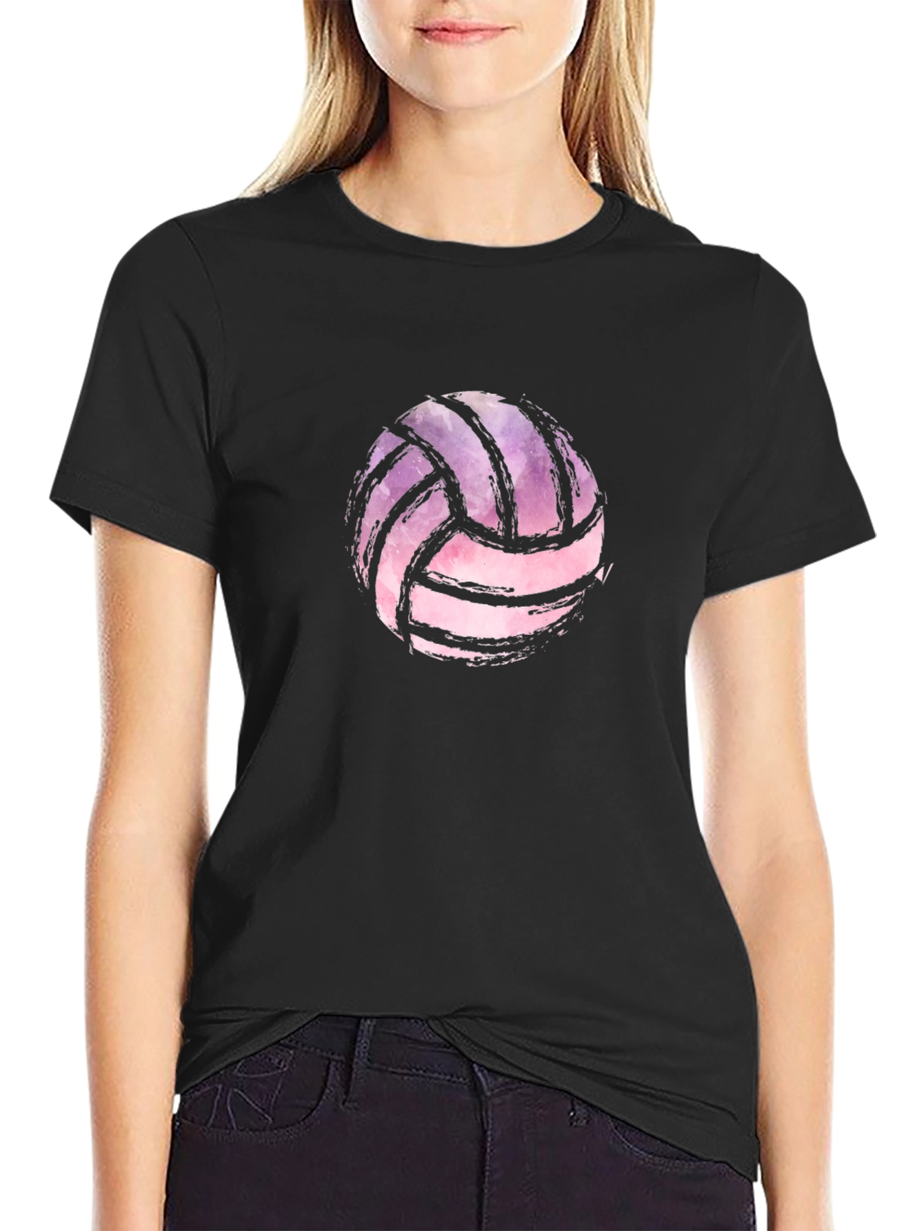 Black Watercolor Volleyball Graphic Black T-Shirt view 2