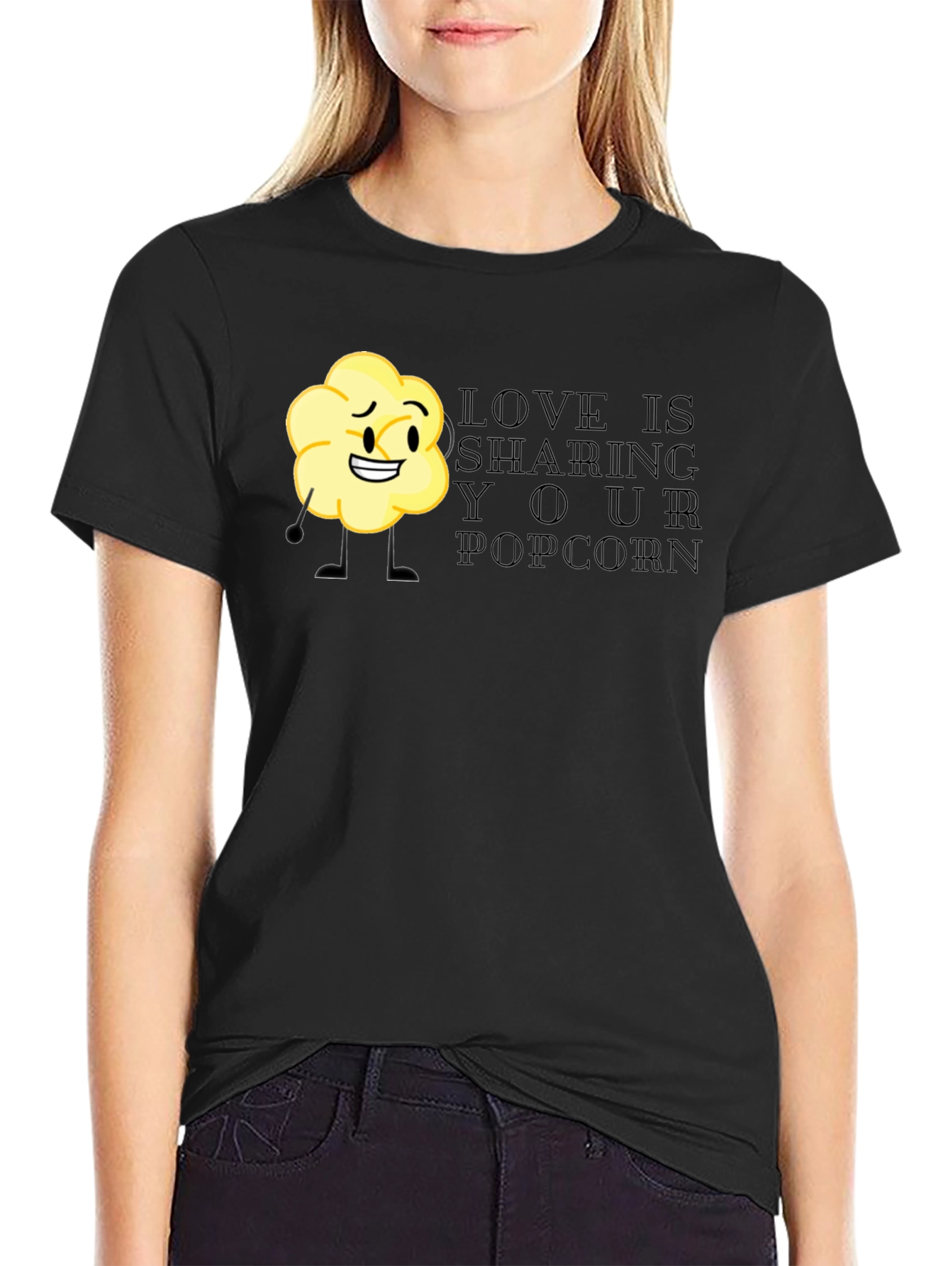 Black Sharing Popcorn Black T-Shirt view 2