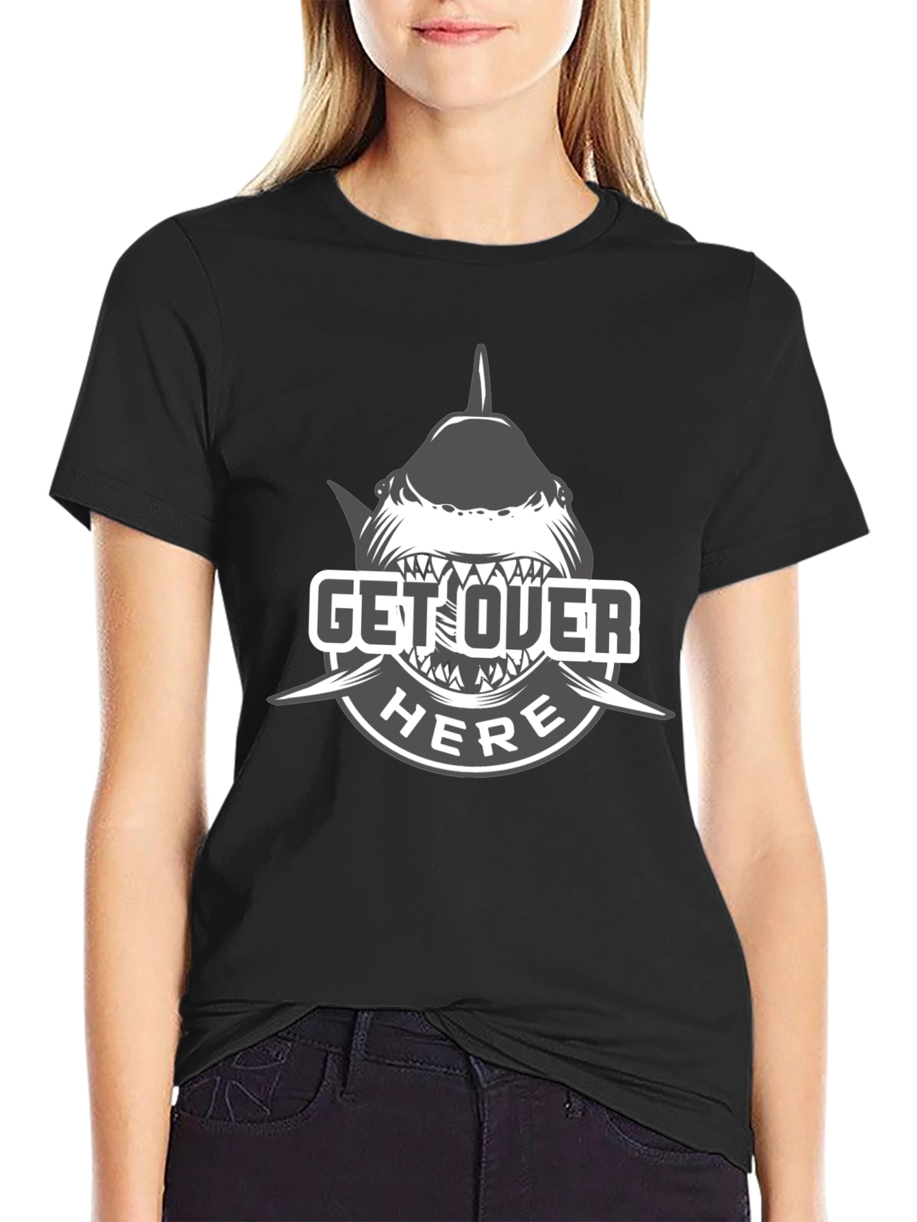 Black Get Over Here Shark T-Shirt - Black Cotton Tee view 2