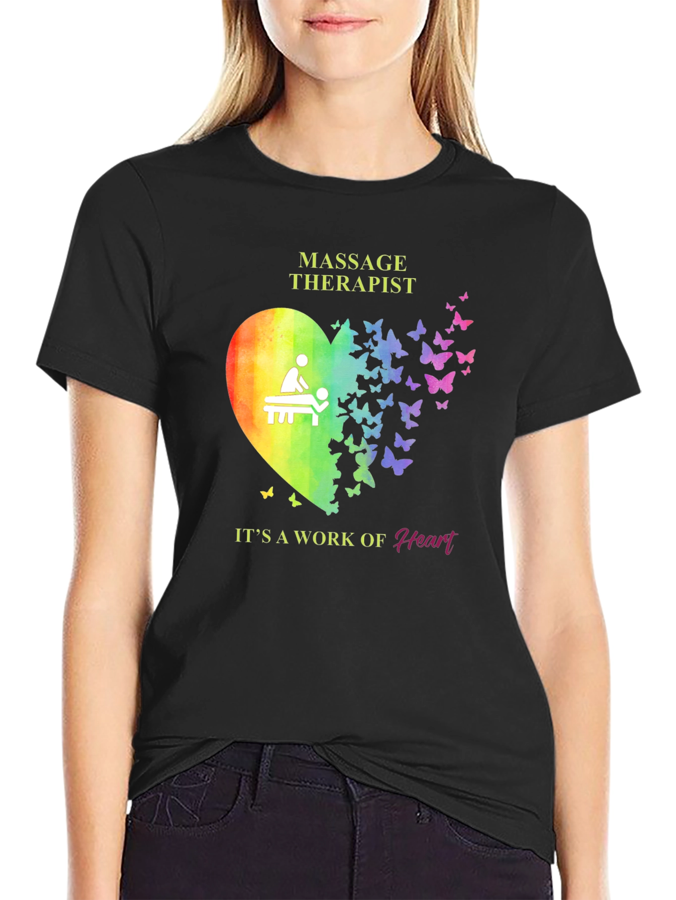 Black Massage Therapist Heart Butterfly T-Shirt view 2