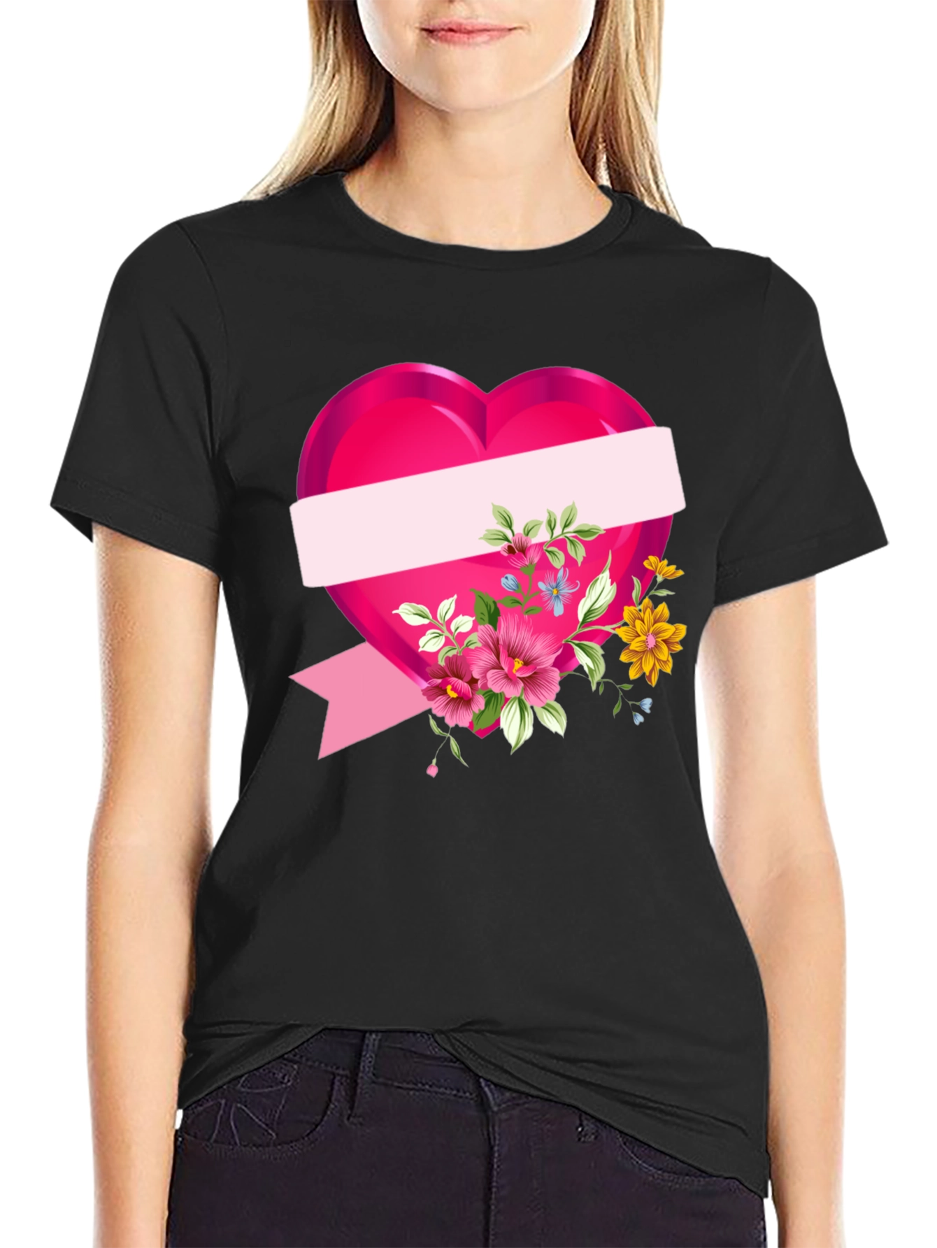 Black Floral Heart Graphic T-Shirt - Black view 2