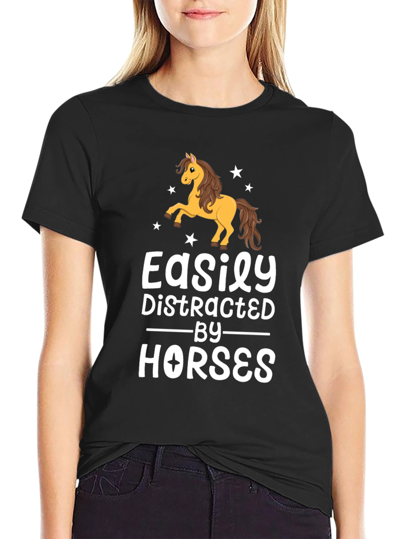 Black Easily Distracted By Horses Black T-Shirt view 2