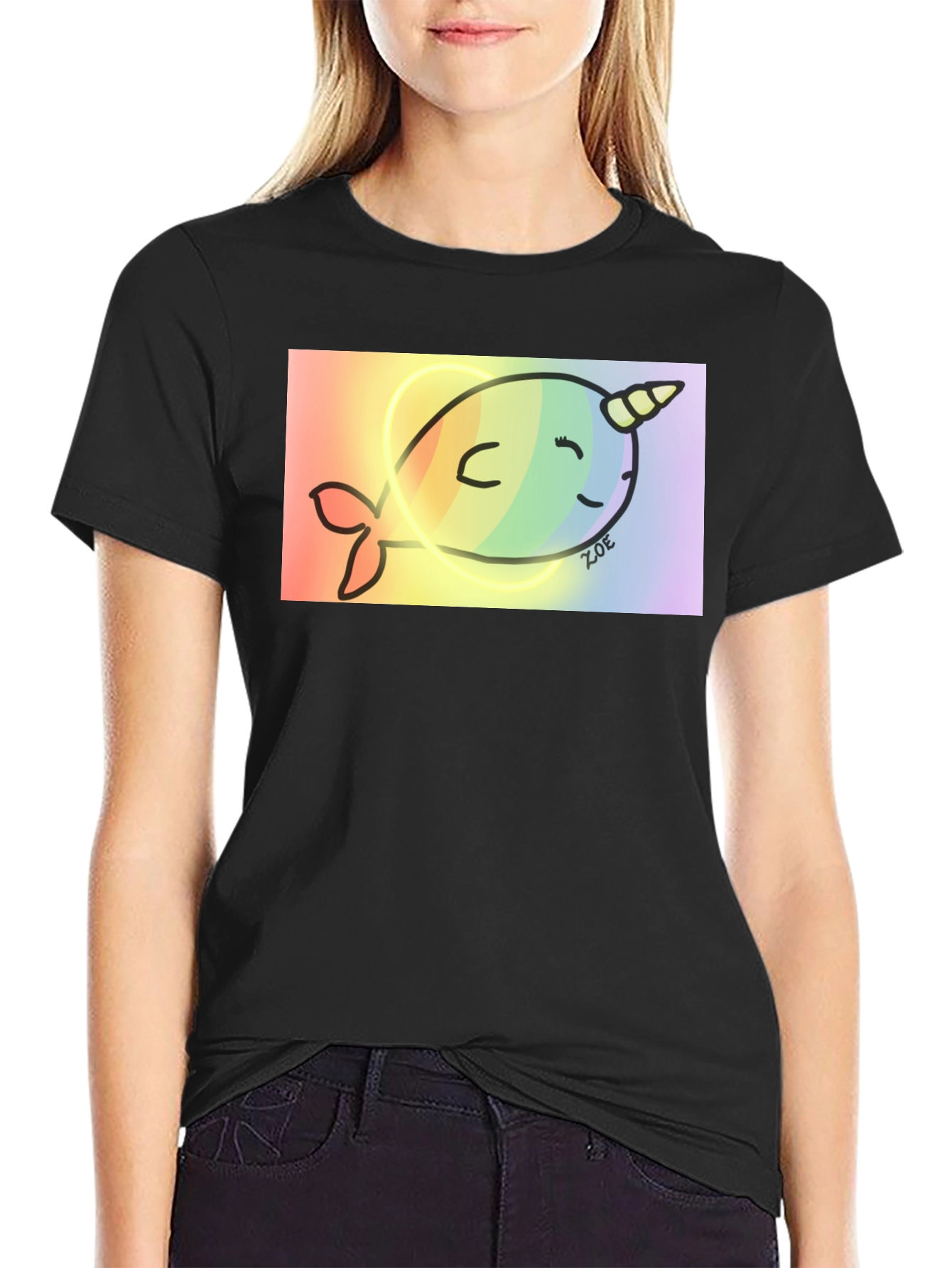 Black Rainbow Narwhal Graphic Tee - Black Cotton Blend view 2