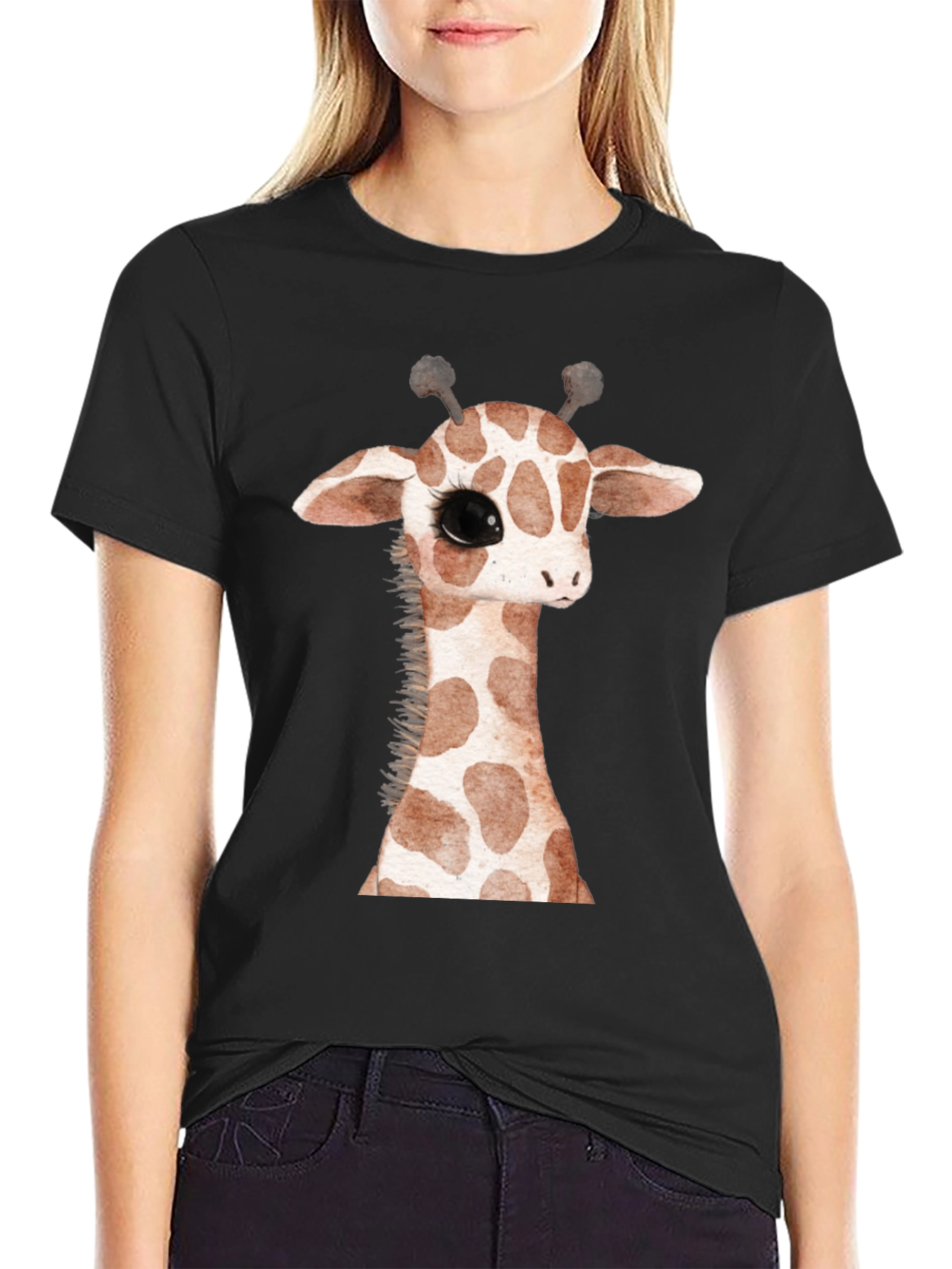 Black Cute Giraffe Graphic Print Black T-Shirt view 2