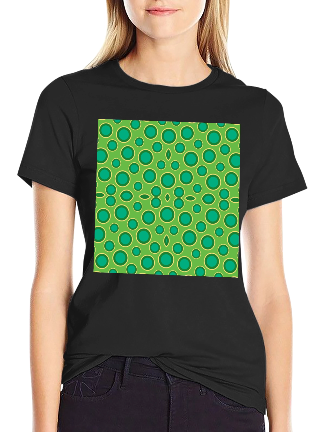 Black Green Circle Pattern Black T-Shirt view 2
